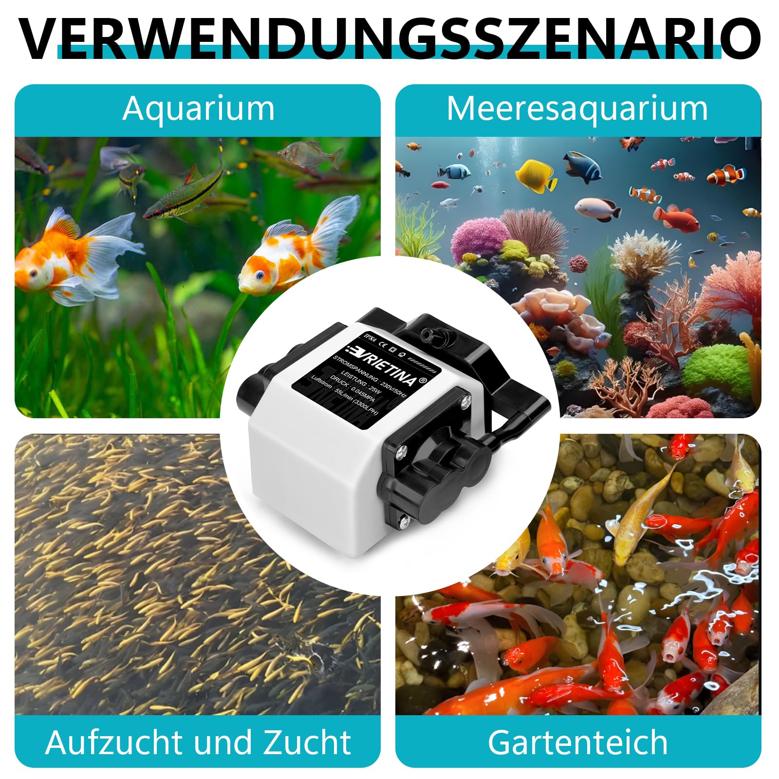 Pompe à air pour Aquarium à 6 Sorties | Aérateur de Bassin réglable 25 W pour bassins de Jardin avec 6 diffuseurs d'air | Pompe à oxygène puissante | Aération du Bassin, jusqu'à 3300 l/h
