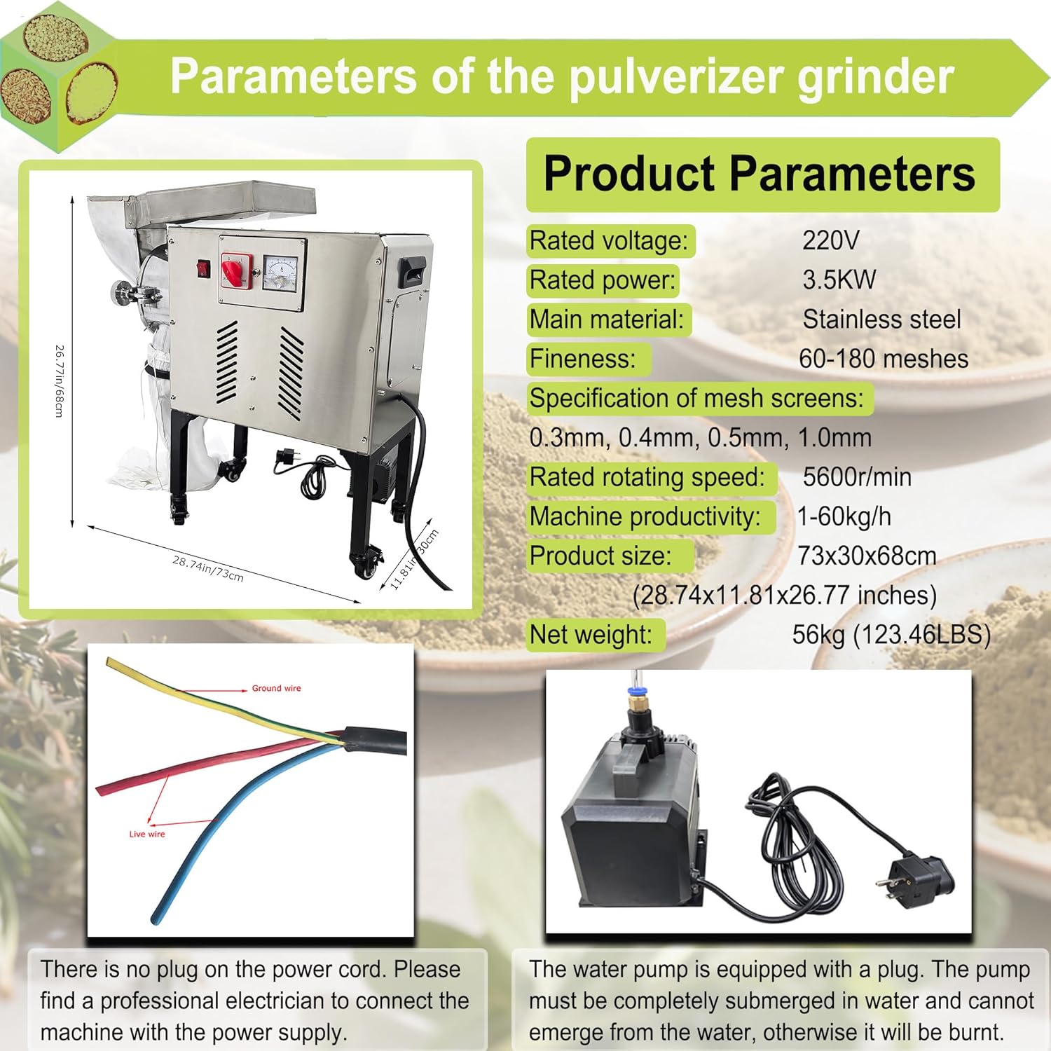 Commercial Herb Grinder, Horizontal Continuous Feeding Hammer Mill Grinder & Pulverizer, 60-180 Mesh Fineness, 1-60kg/h, Water-Cooled 220V 3.5KW Pulverizer for Grain Spice Herbs Seasoning
