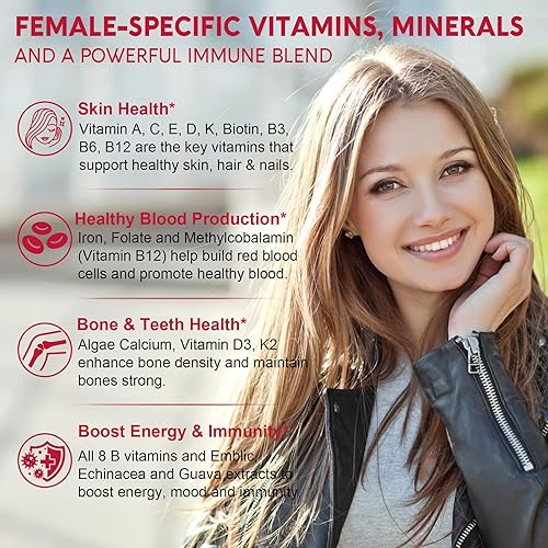 Miniatura 4 de Multivitamínico metilado sin azúcar para mujer, gomitas con algas de calcio, vitamina A, C, D3, E, K, B12, hierro, folato, biotina, inositol,