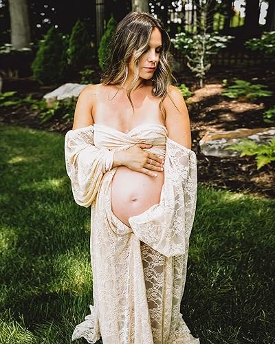 Miniatura 4 de Saslax Vestido de maternidad con encaje elástico de doble abertura con hombros descubiertos, falda estilo A, vestido maxi de embarazo para sesión de