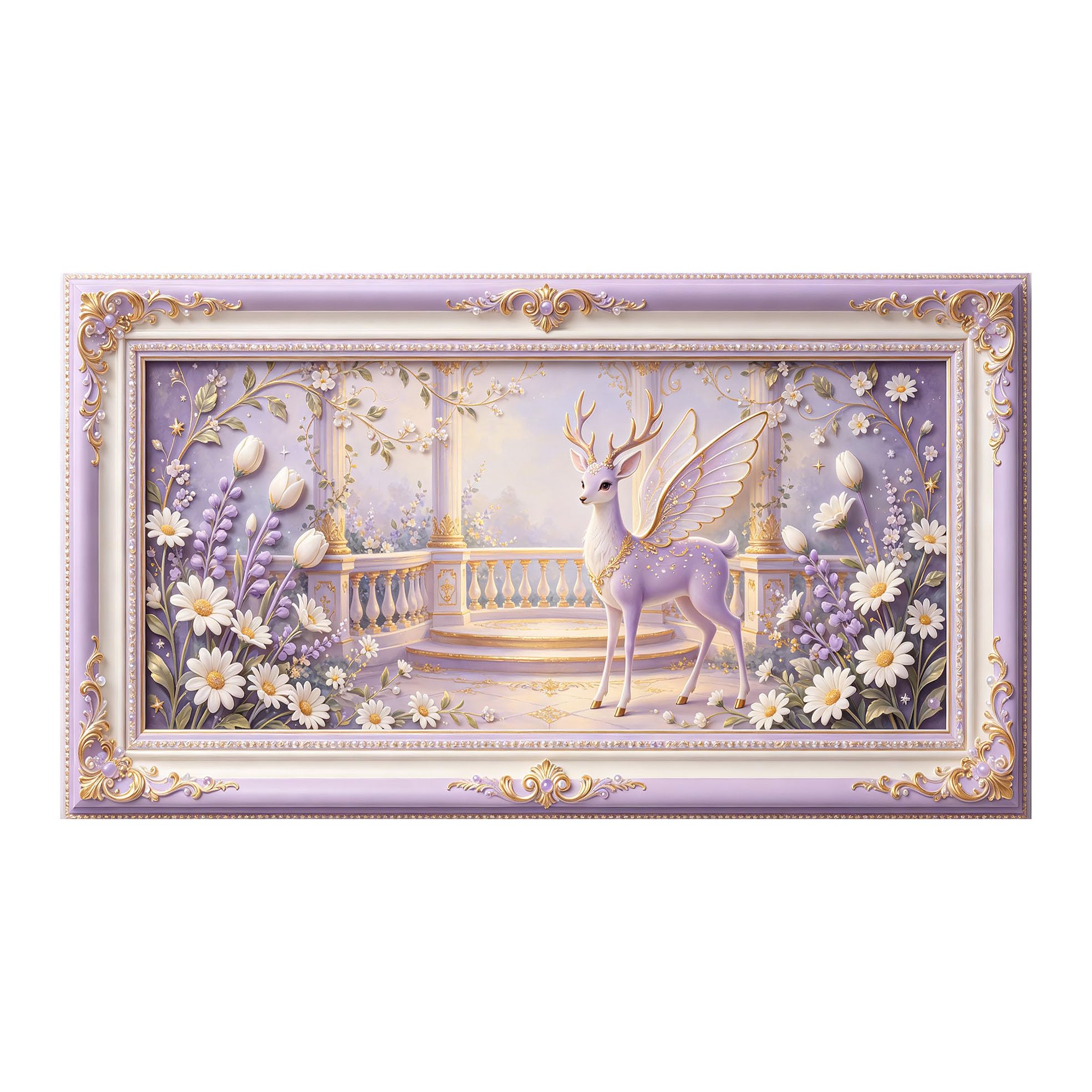 Yzpallescene 3D 3D Framed Wall Art 50cm×90cm Fantasy Deer Floral Garden Neoclassical Style Large Size SelfAdhesive Removable Wall Decor Prints Artwork for Living Room Bedroom Office