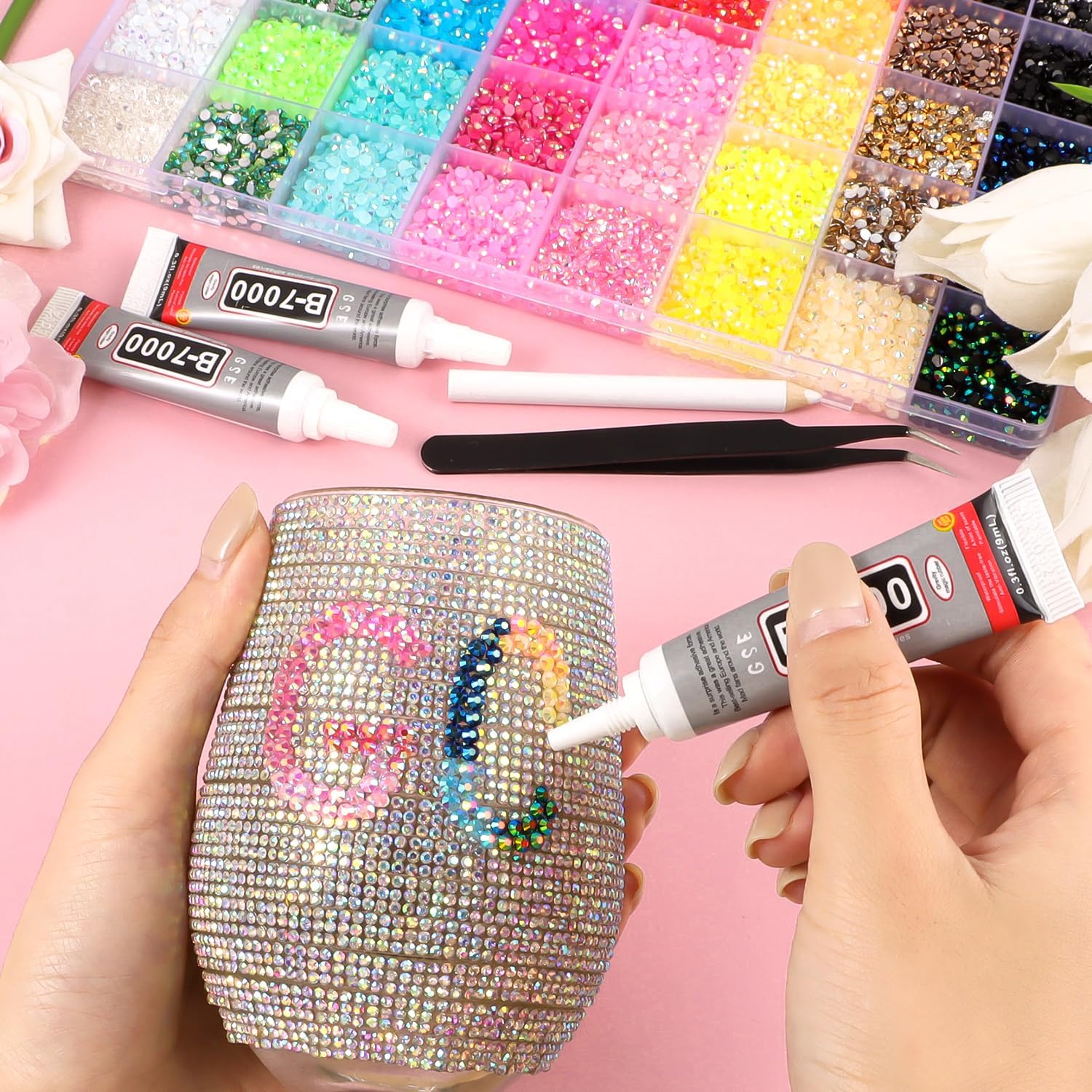 32000Pcs 40 Colors Jelly Rhinestones for Bedazzling, 3mm Multicolor Resin Flatback Gems for Crafting, Bedazzler Kit with 3Pcs B7000 Glue for Diamond Art Clothing Shoes Book Nail Makeup