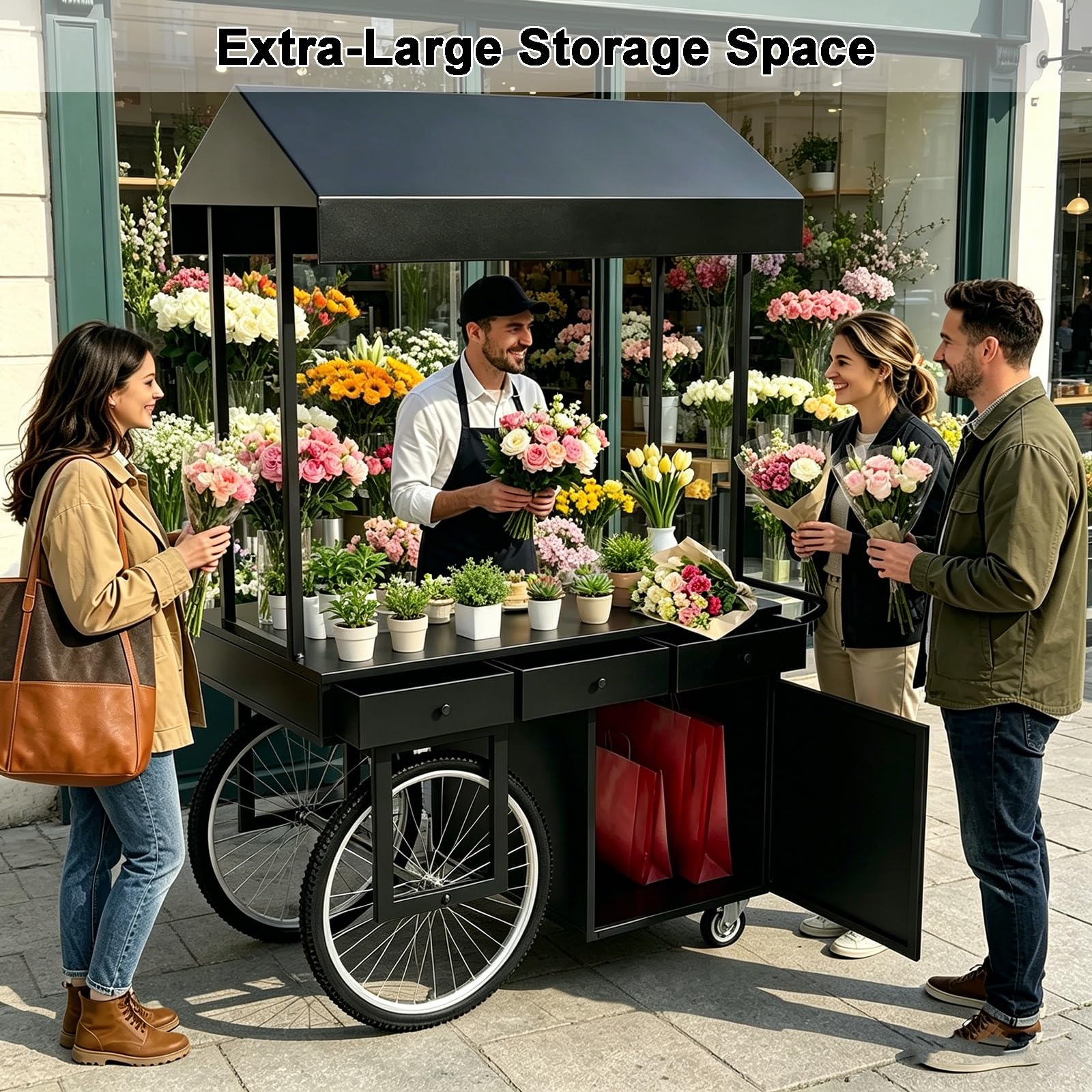 Gtzly Mobiler Lebensmittelverkaufswagen mit Verdeck, Tragbarer Blumenwagen, Eis- und Limonadenstand, Marktstand und Verkaufsstand für Hochzeiten und Märkte(White,55in/140cm)