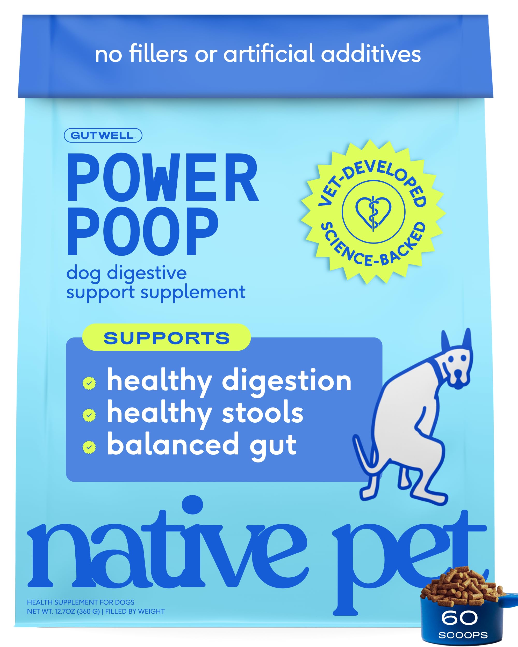 Native Pet GutWell Power Poop - Digestive Support &amp; Fiber for Dogs - Promotes Healthy Stools, Supports Balanced Microbiome &amp; Digestive Function - Triple-Biotic Blend &amp; M-Fiber - 60 Scoops