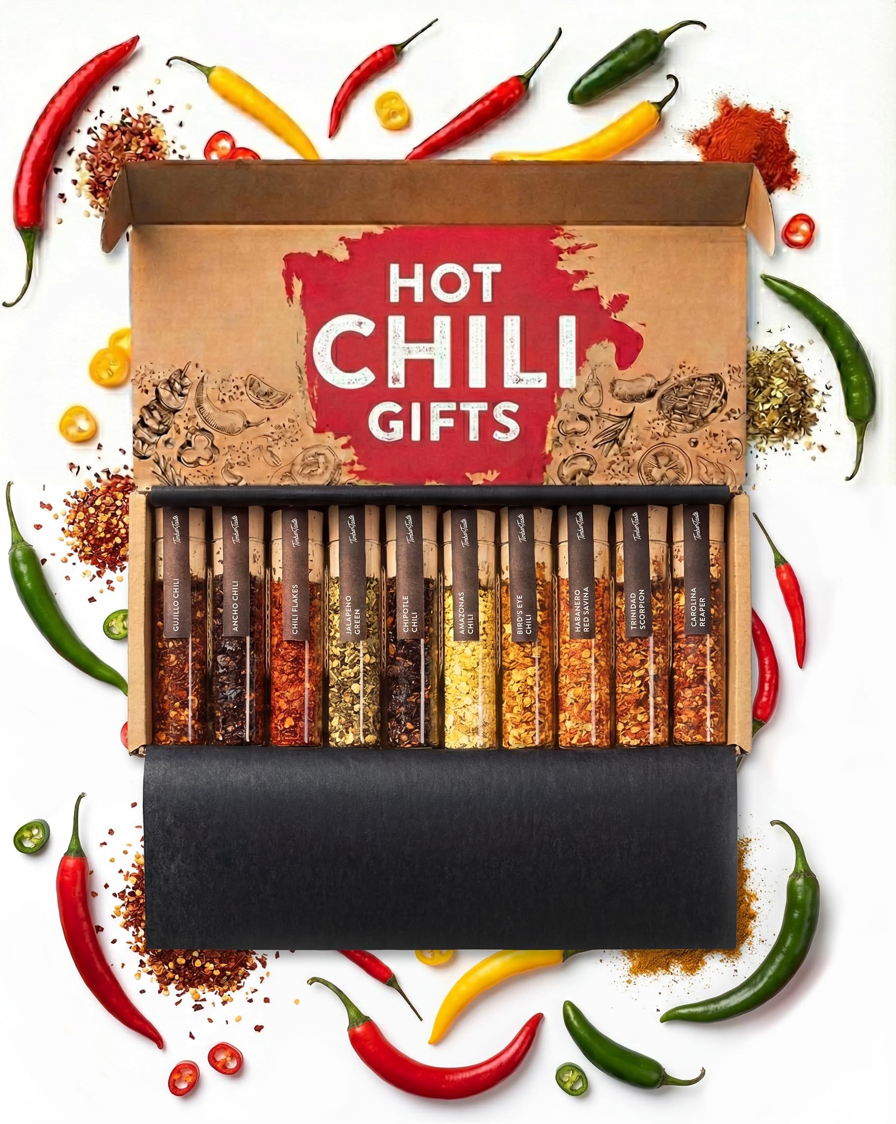 Hot Sauce Gift Set [UP TO 1,200,000 SCOVILLE] - 10 Exotic Chili Pepper Flakes & Tasting Kit | Spicy Mens Gifts | Birthday Gift Husband Boyfriend Brother | Foodie Day Father Dad