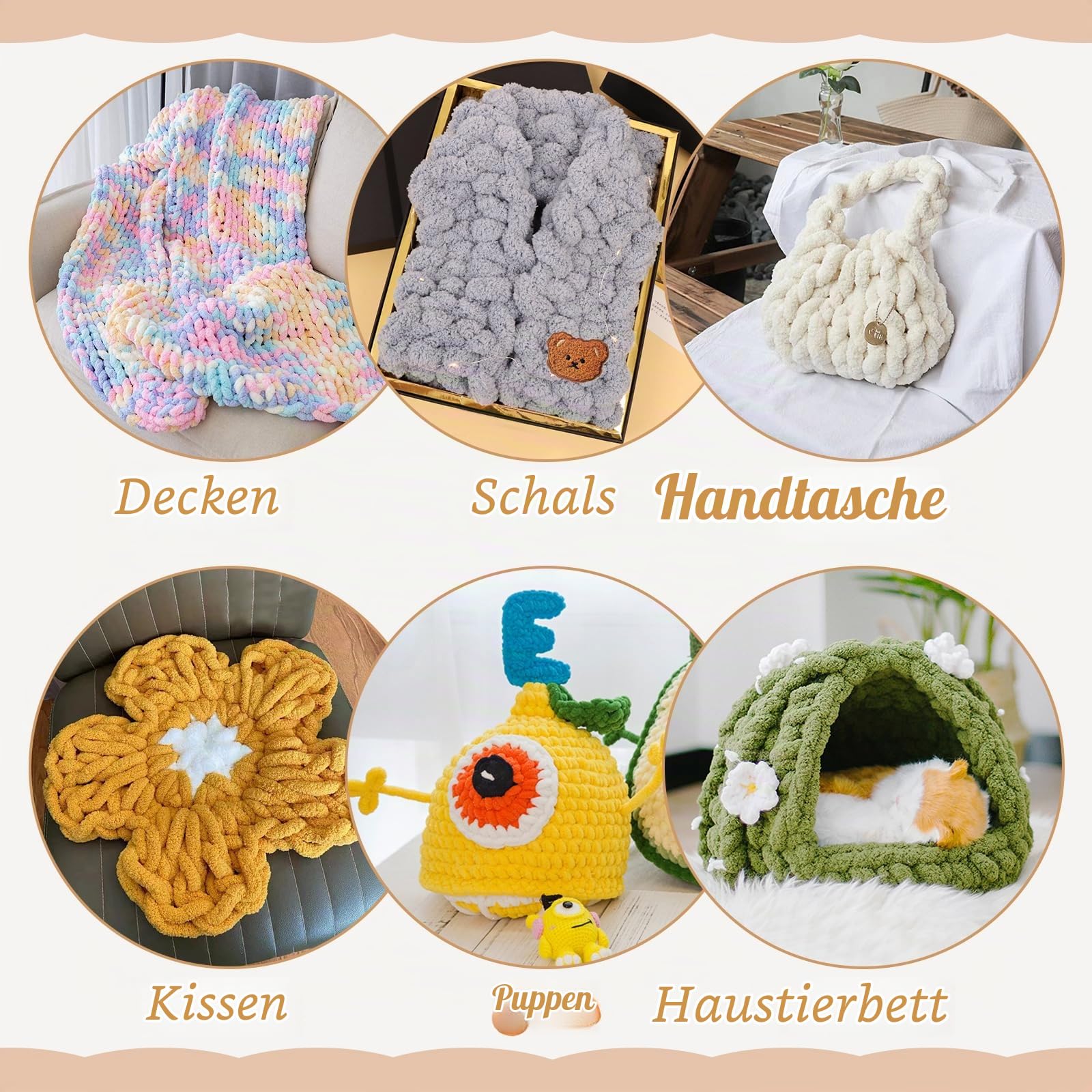 6 Stränge Armstricken Wolle für Decke Stricken 2cm x 25.6m Chenille Wolle zum Häkeln 226g Handstrickgarn Chunky Yarn, Dicke Schlauchgarn zum Handstricken Decken, Tasche, Haustier Bett