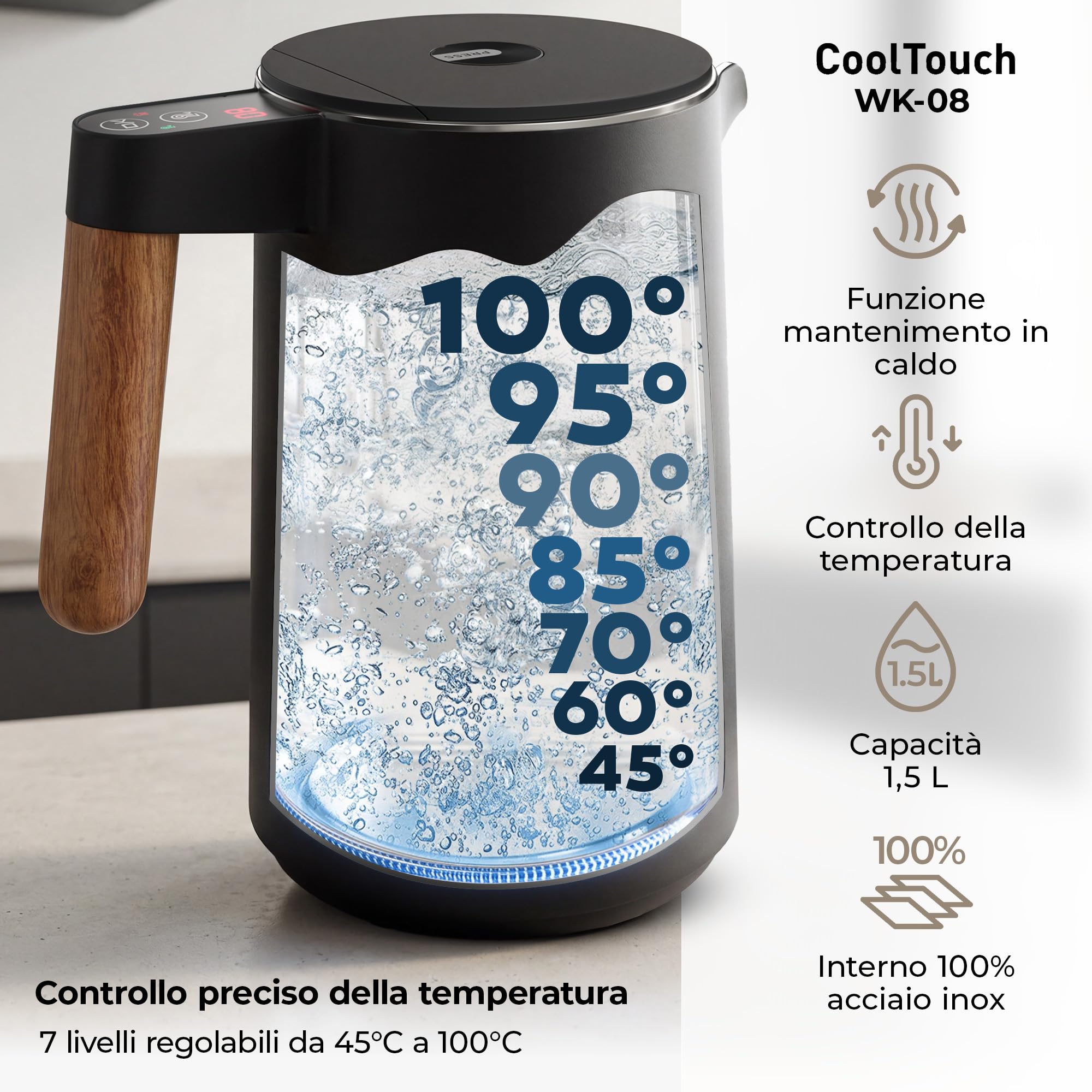 BALTER Bollitore elettrico temperatura regolabile, Acciaio Inox, 45 °C - 100 °C, kettle, doppia parete, senza BPA, 1,5 l, 2200 W, nero