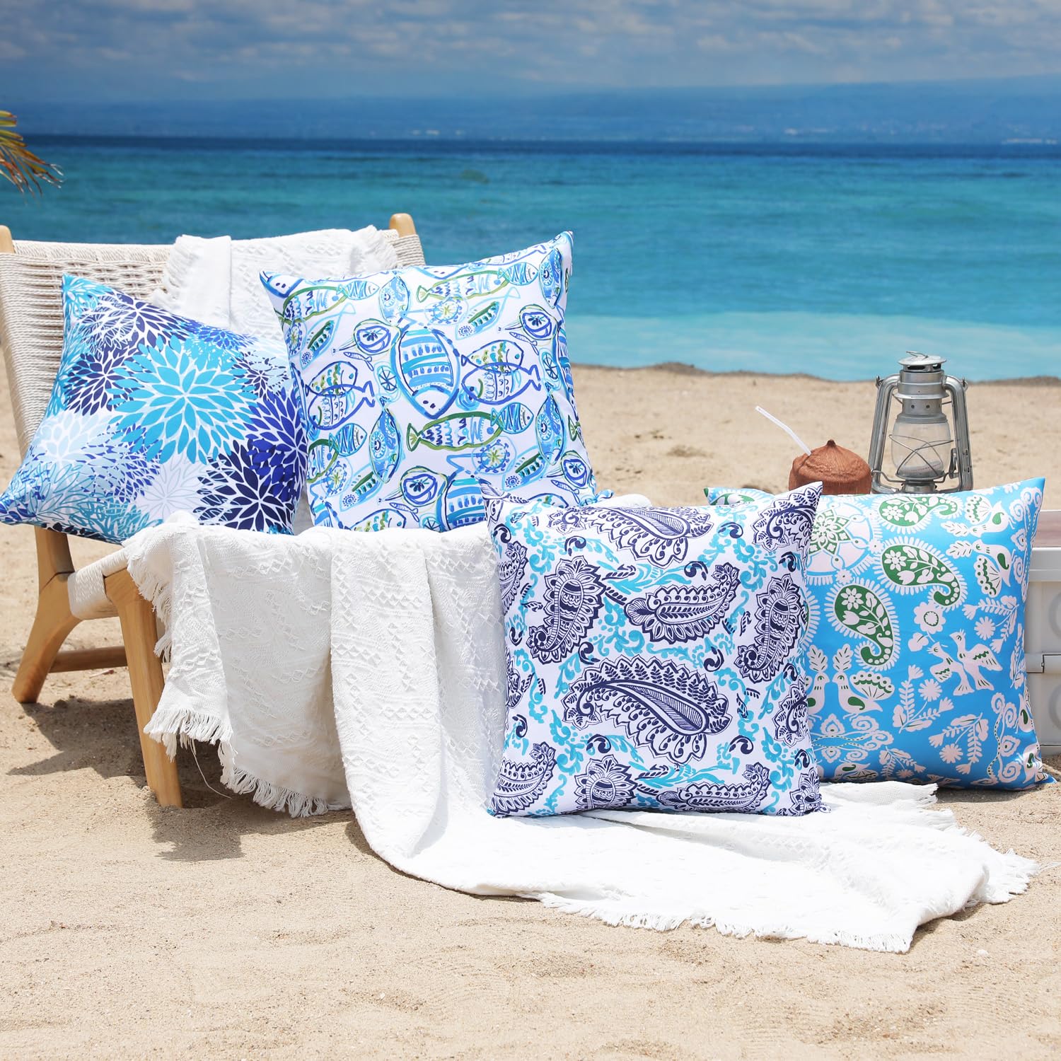 Snugtown Pack of 4 Outdoor Waterproof Throw Pillow Covers Garden Cushion Case for Patio Lawn Couch Sofa (18 x 18 Inches, Oceanic Wonders)