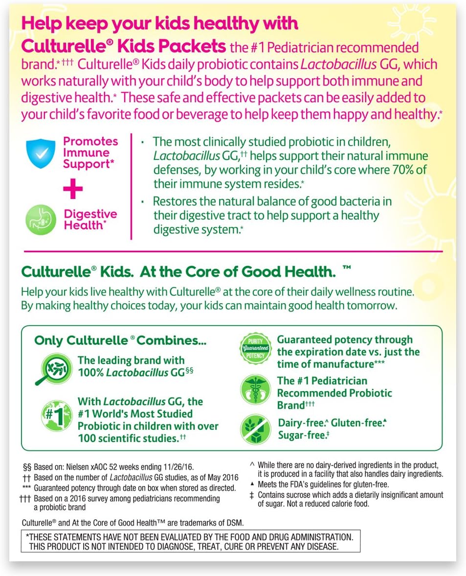 Culturelle Kids Packets Daily Probiotic Supplement | Helps Support a Healthy Immune & Digestive System* | #1 Pediatrician Recommended Brand††† | 30 Single Packets | Package May Vary