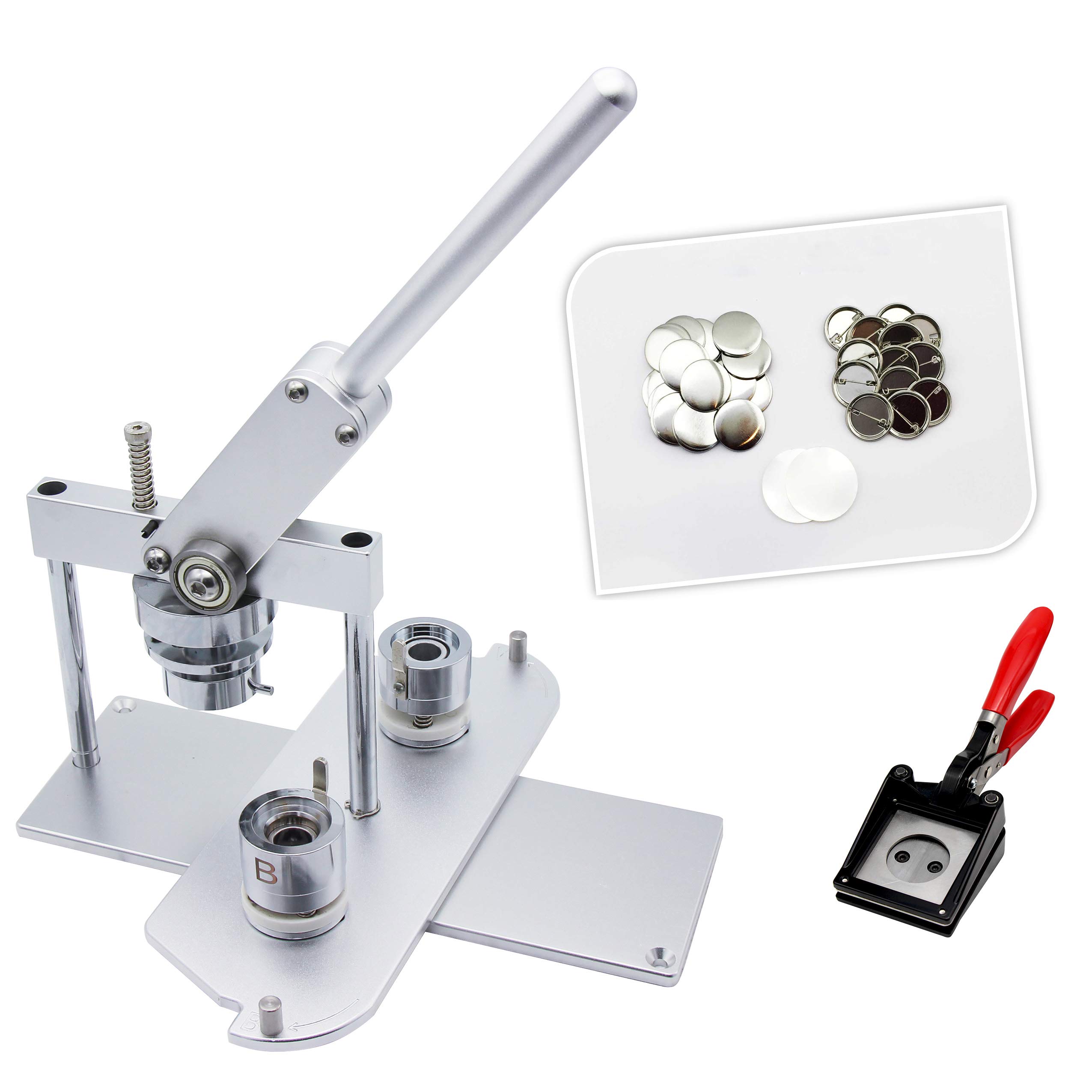 ChiButtons(KIT) 25mm (1") Pro Badge Machine Button Maker-B400 + Mould + 500 Parts + Handling Cutter [Metric System] (Silver-New)