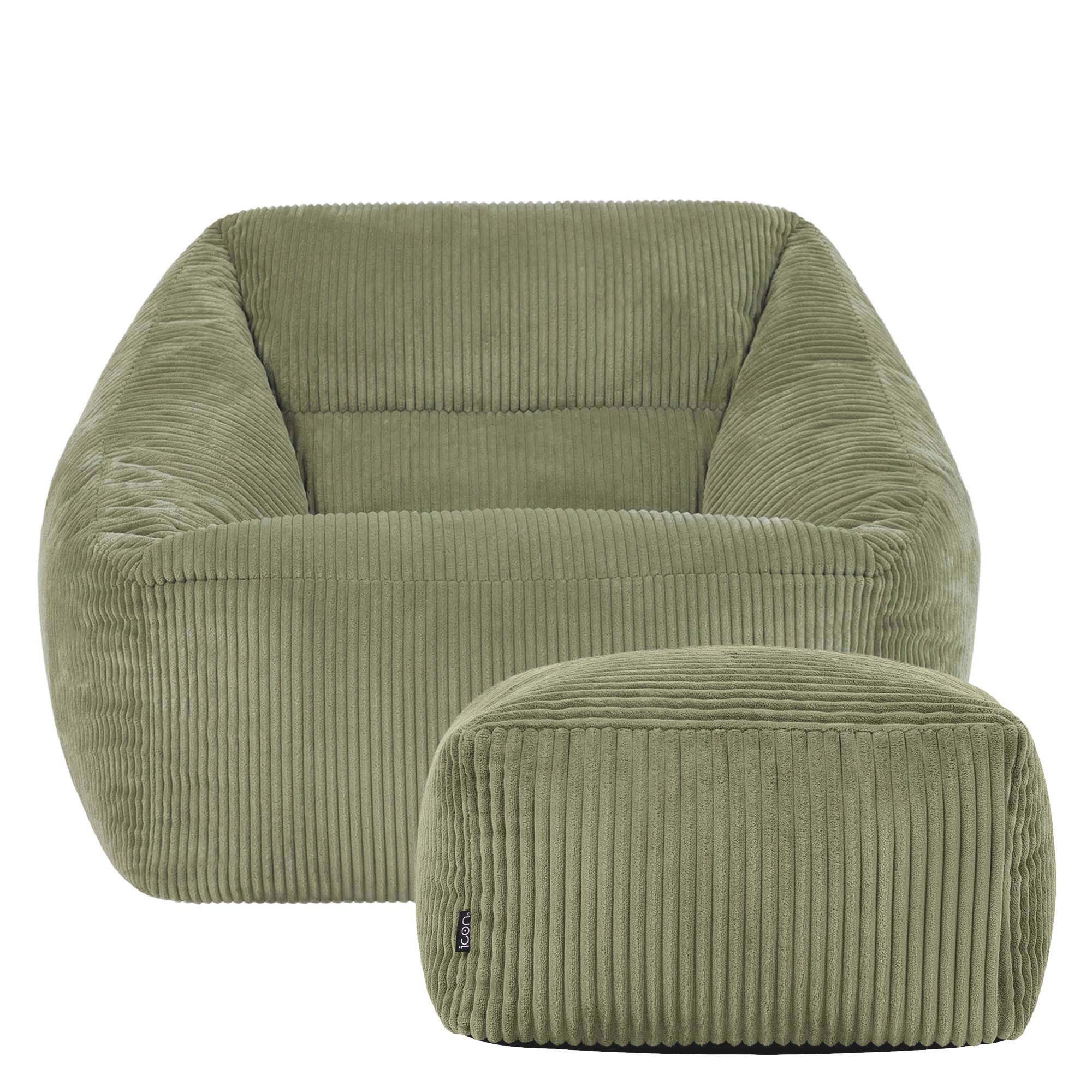 icon Natalia Cord Bean Bag Chair with Footstool, Sage Green, Large Adult Bean Bag with Filling Included, Comfy Chair, Armchair, Living Room, Bedroom Furniture
