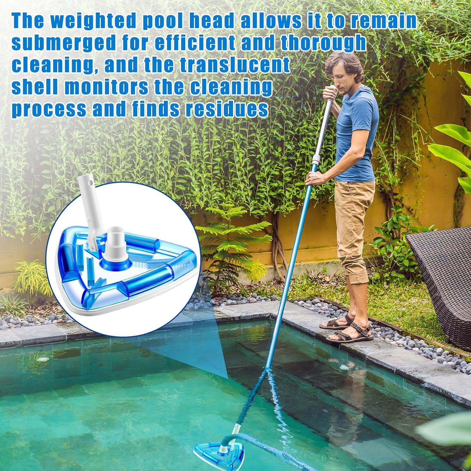 Jingmore 2 Pcs Weighted Clear Triangle Pool Vacuum Head with Brush Bristles Swivel Hose Connection EZ Clip Handle Pool Cleaning Equipment for Summer Swimming Pools, Connect 1-1/4" or 1-1/2" Hose, Blue