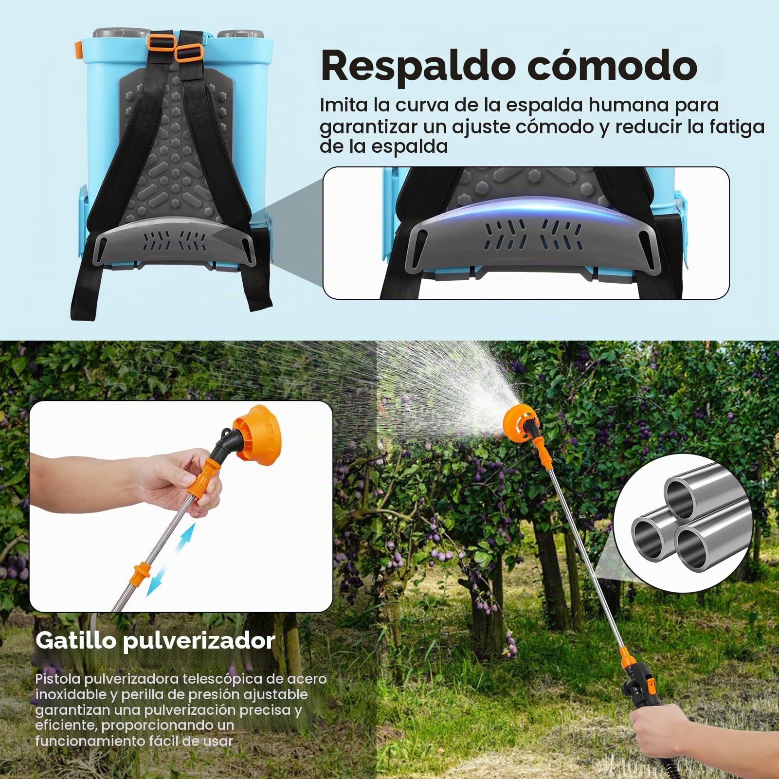 Viugreum 16L Pulverizador de Mochila Eléctrico, 21V Pulverizador de Jardín Eléctrico con 7 Boquillas de Nebulización, Lanza Telescópica y Correa Ajustable para Riego, Irrigación y Mantenimiento