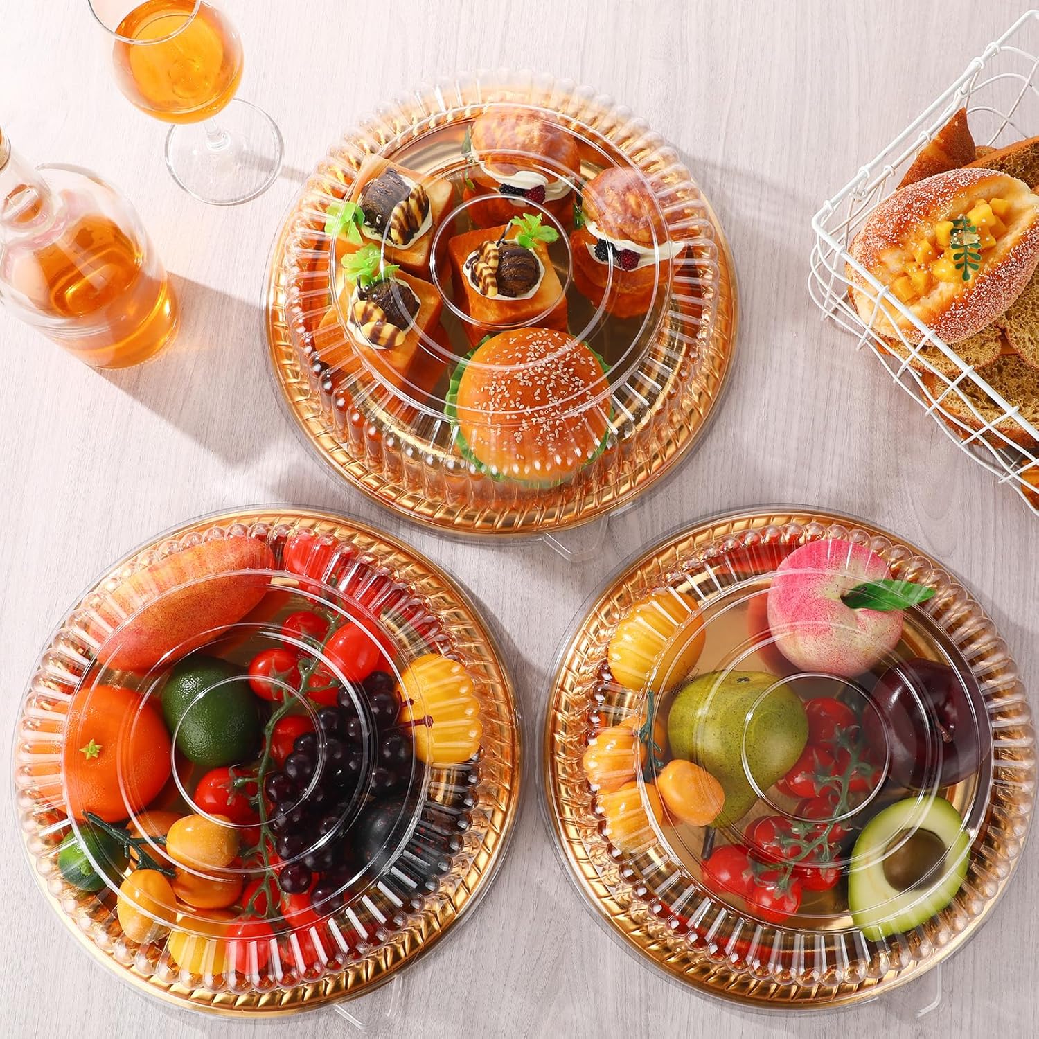 Nitial 36 Pcs Heavy Duty Serving Tray with Clear Lid, Round Elegant Gold Catering Trays Disposable Large Plastic Platters for Fruit Cake Sandwich Food Picnic Christmas Party Supplies (12 Inches)
