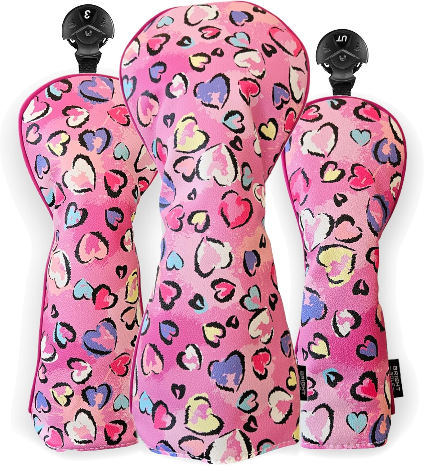 Headcovers 460 CC Driver Head Cover, Fairway Wood, Utility Wood, Pink Hearts Design, Great Golf Gift Idea (3 Piece Set)