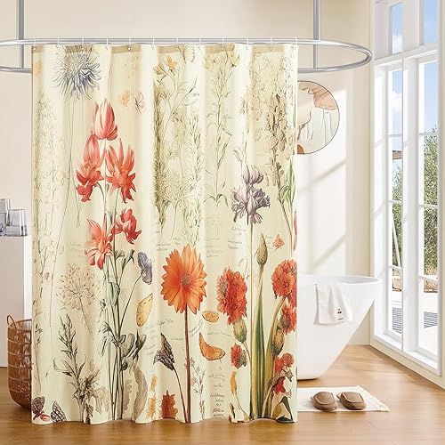 Cortina de ducha romántica floral botánica vintage vida silvestre detallada y viñetas parisinas - a gran escala, rojo claro y azul (susurro de