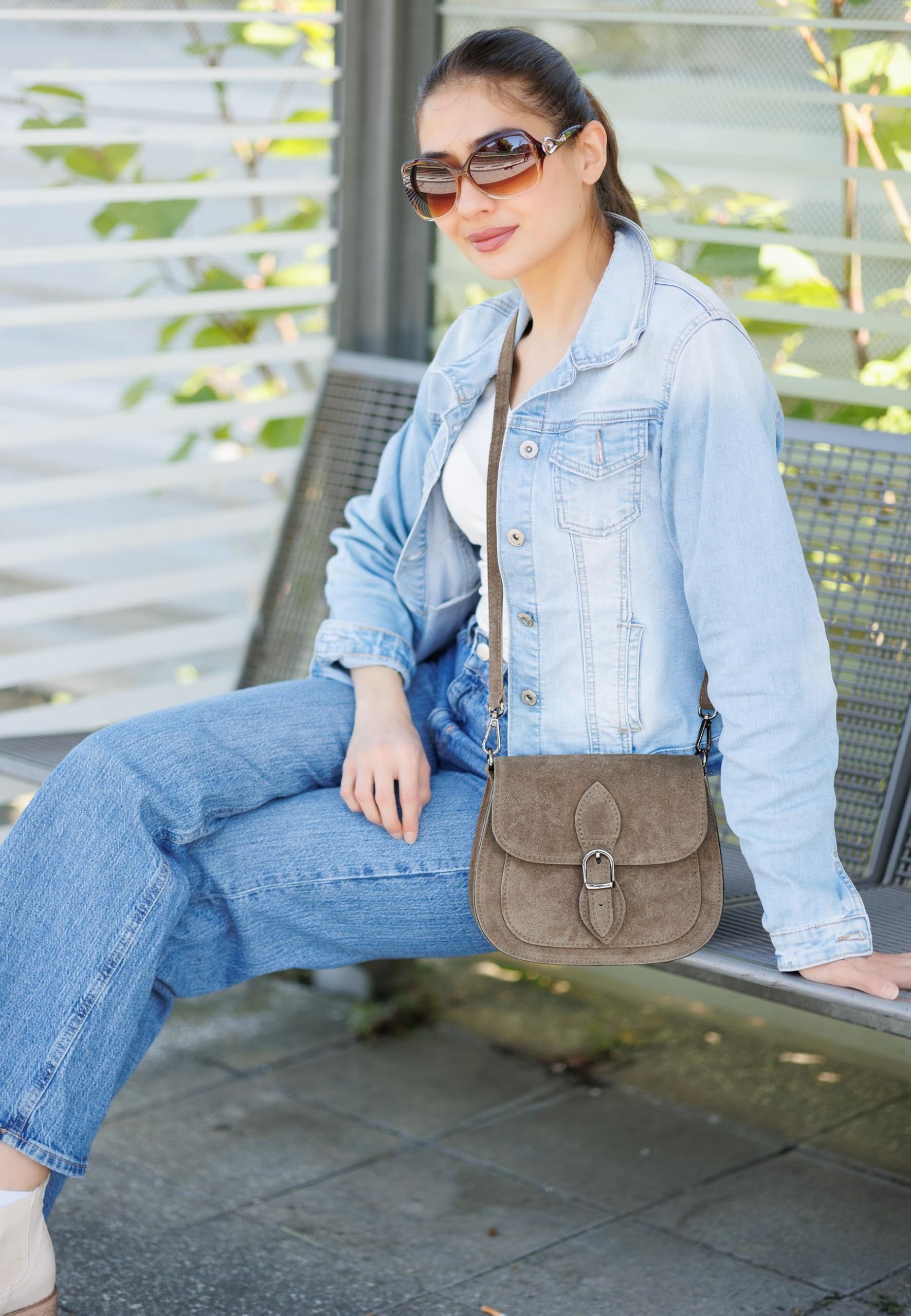 Caspar Leder Umhängetasche Dirndltasche Vintage Tasche kleine Trachtentasche Damen Handtasche aus Wildleder - CLASSIC LINE - Modell No.831 - Made in Italy