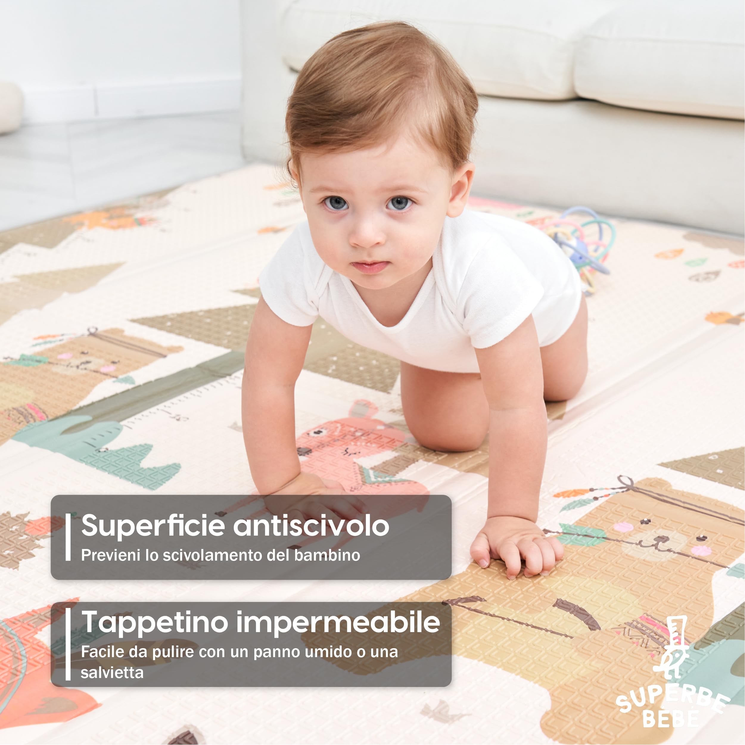 SUPERBE BEBE Tappeto Per Bambini e Neonati Reversibile e Non Tossico, Pieghevole e Impermeabile in Schiuma Per Bimbi. Per la Camera del Bambino o della Bambina. Grande Formato Regalo Bambino