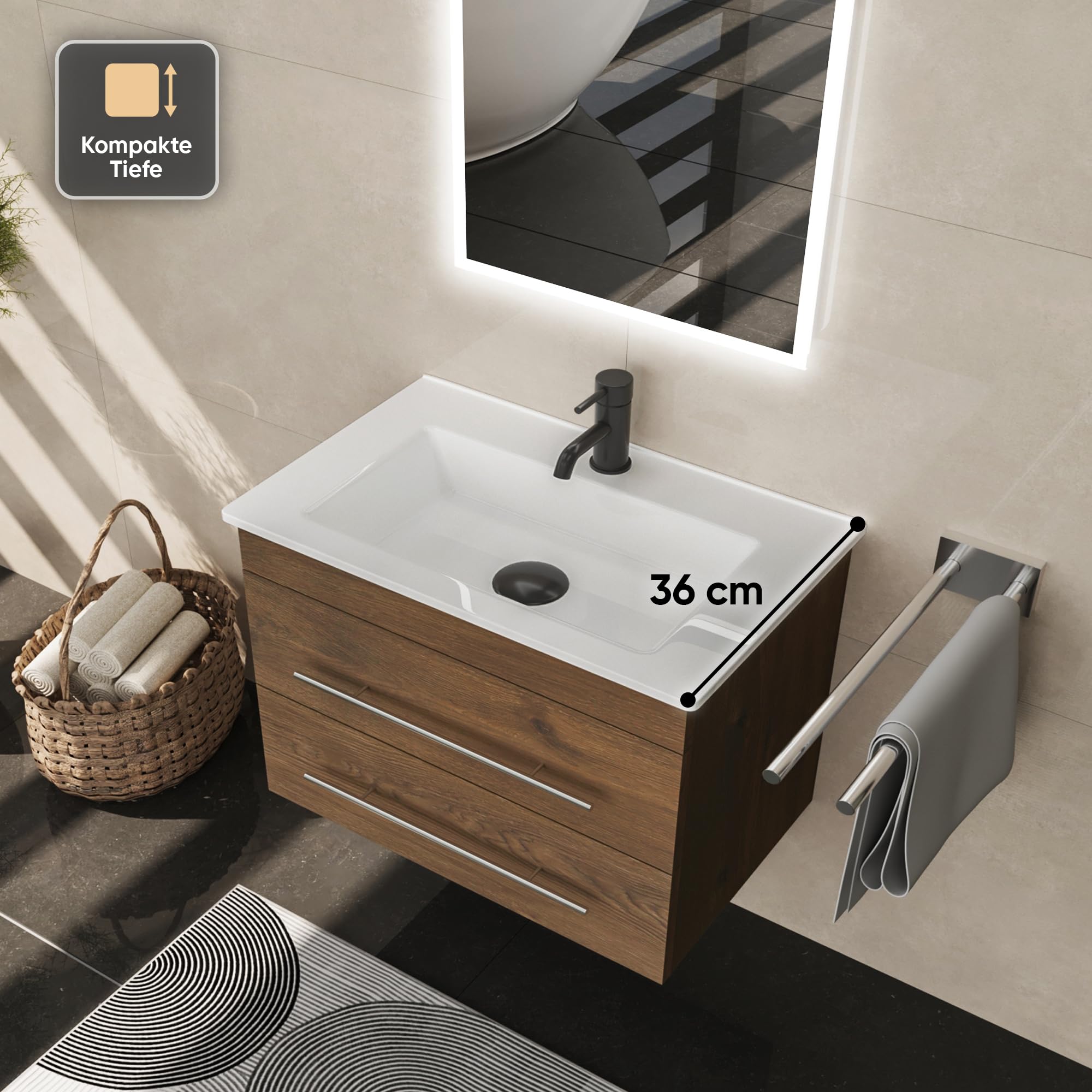 Alpenberger Badmöbel Set mit Waschbecken | Badschrank mit 2 Schubladen | Hängeschrank Bad | Waschtisch mit Unterschrank | Badezimmer Möbel | Waschbeckenunterschrank Eiche 60 cm