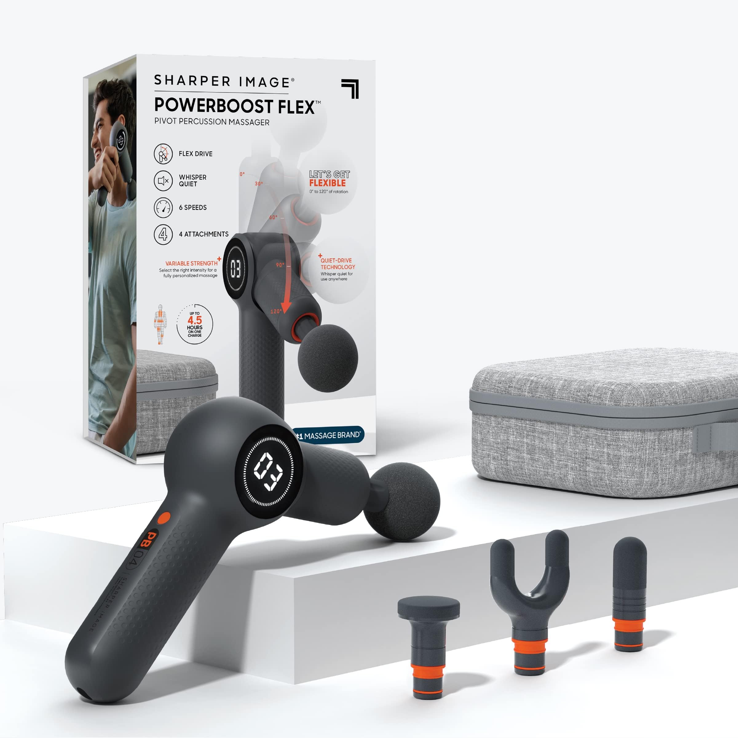 Sharper Image Powerboost Flex Pivot Percussion Massager, Includes 6 speeds and 4 Different Attachments Black