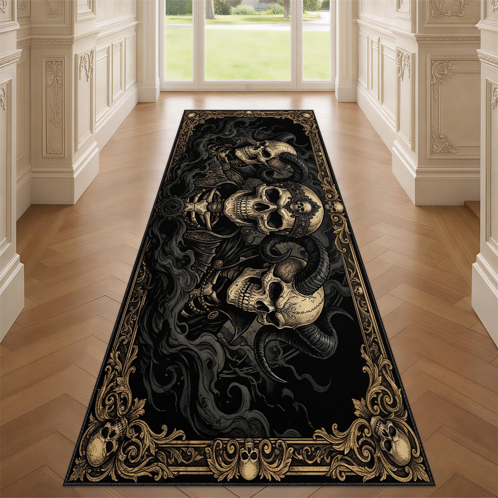 YEMYOR Gothic Skull Runner Rug for Entryway, Goth Skeleton Carpet Runner 60x200cm, Halloween Horror Skeleton Long Carpet, Washable Non-Slip Rug for Kitchen Hallway Bedroom