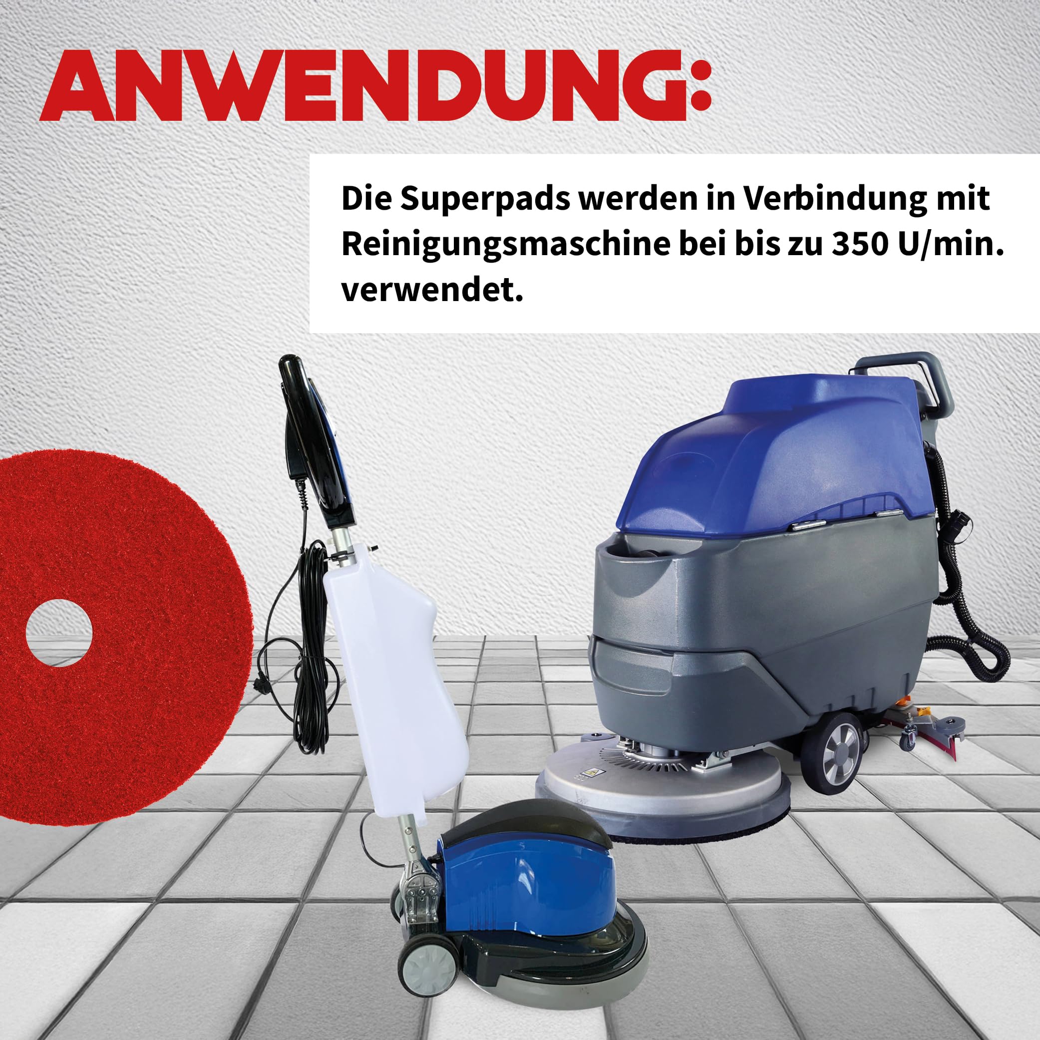 Superpads Maschinenpads aus Polyester 23-25mm - Reinigungspads für Trocken- & Nassanwendung - Hohe Reinigungsleistung für verschiedene Bodenarten (20 Zoll, Rot, 5er Set)