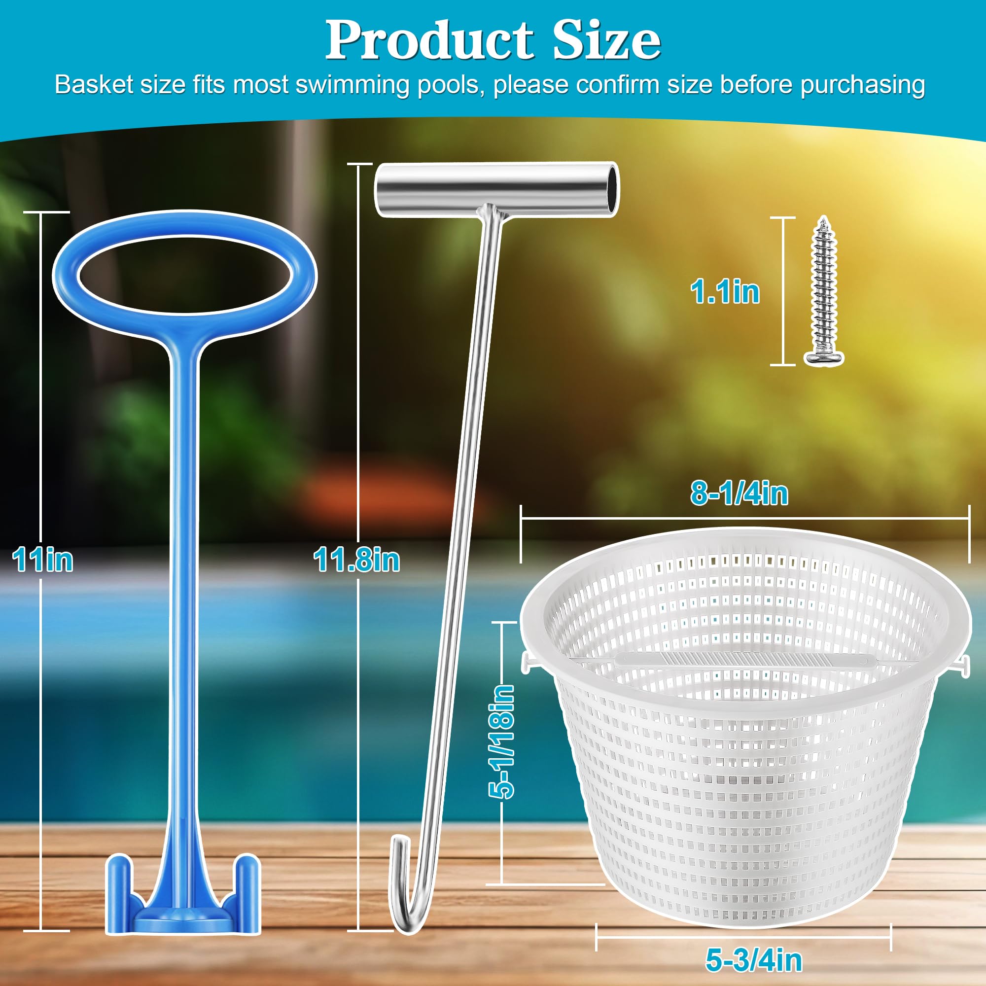 Saillong 2 cestas de repuesto blancas de 8 pulgadas y 2 asas de cesta de skimmer y 1 gancho de acero inoxidable plateado, cesta universal para piscina con asa para eliminar desechos de piscina,