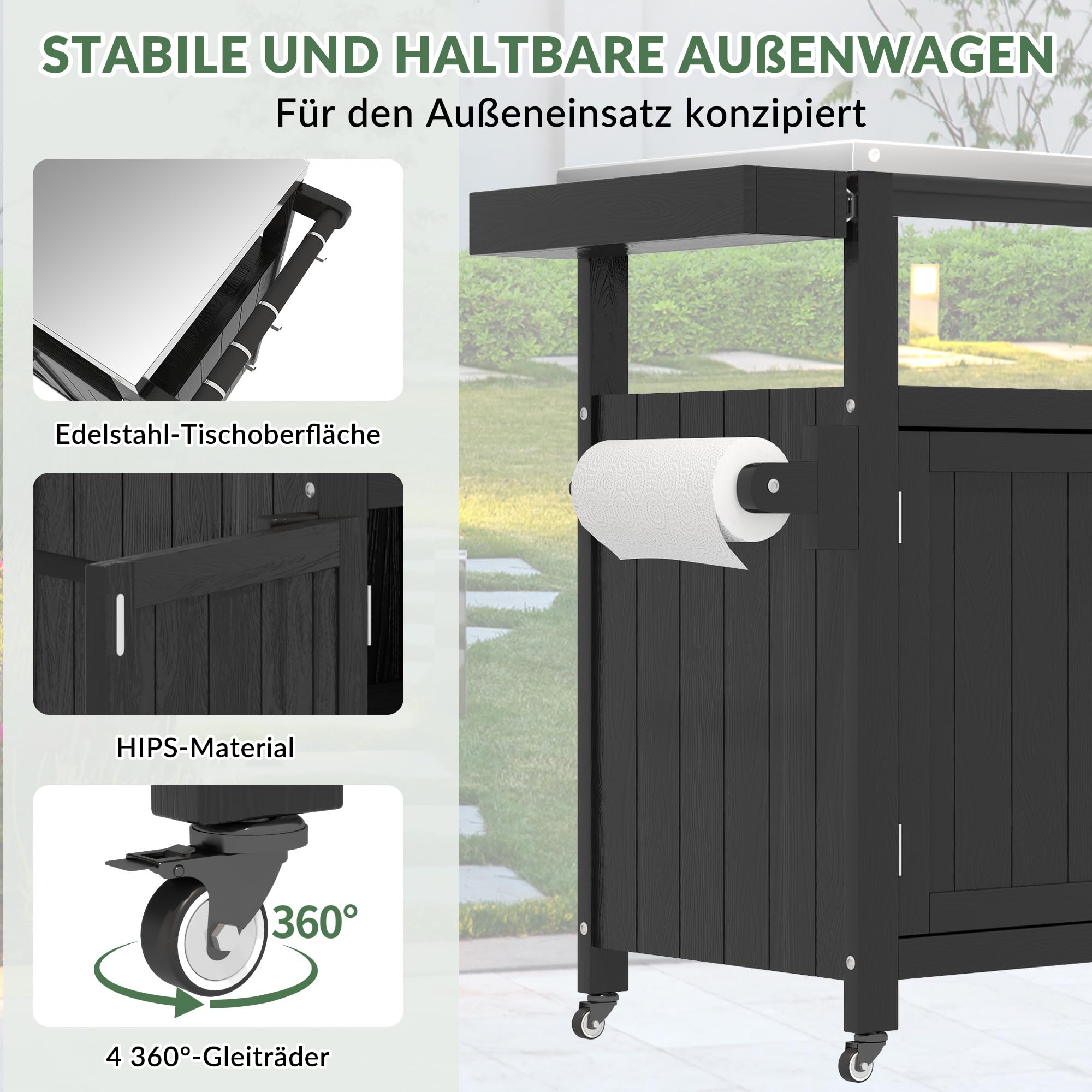 Wetterfeste HIPS Outdoor Kücheninsel mit Edelstahlplatte & Aufbewahrungsschrank, bewegliche Vorbereitungstisch mit Rädern für BBQ-Zubereitung, Outdoor Grillwagen für Parties, Schwarz