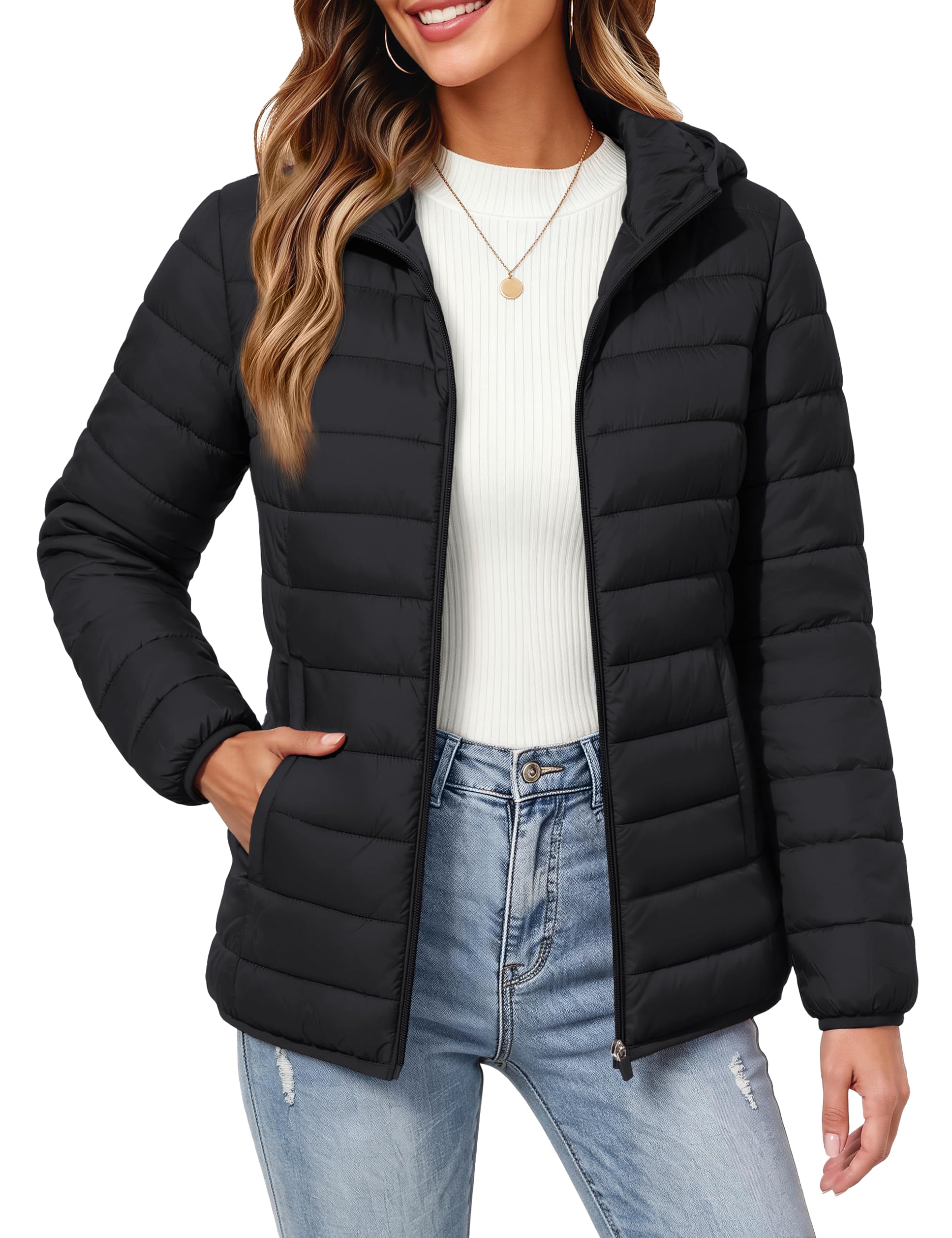 Womens Puffer Jacket with Hood Quilted Lightweight Packable Coat