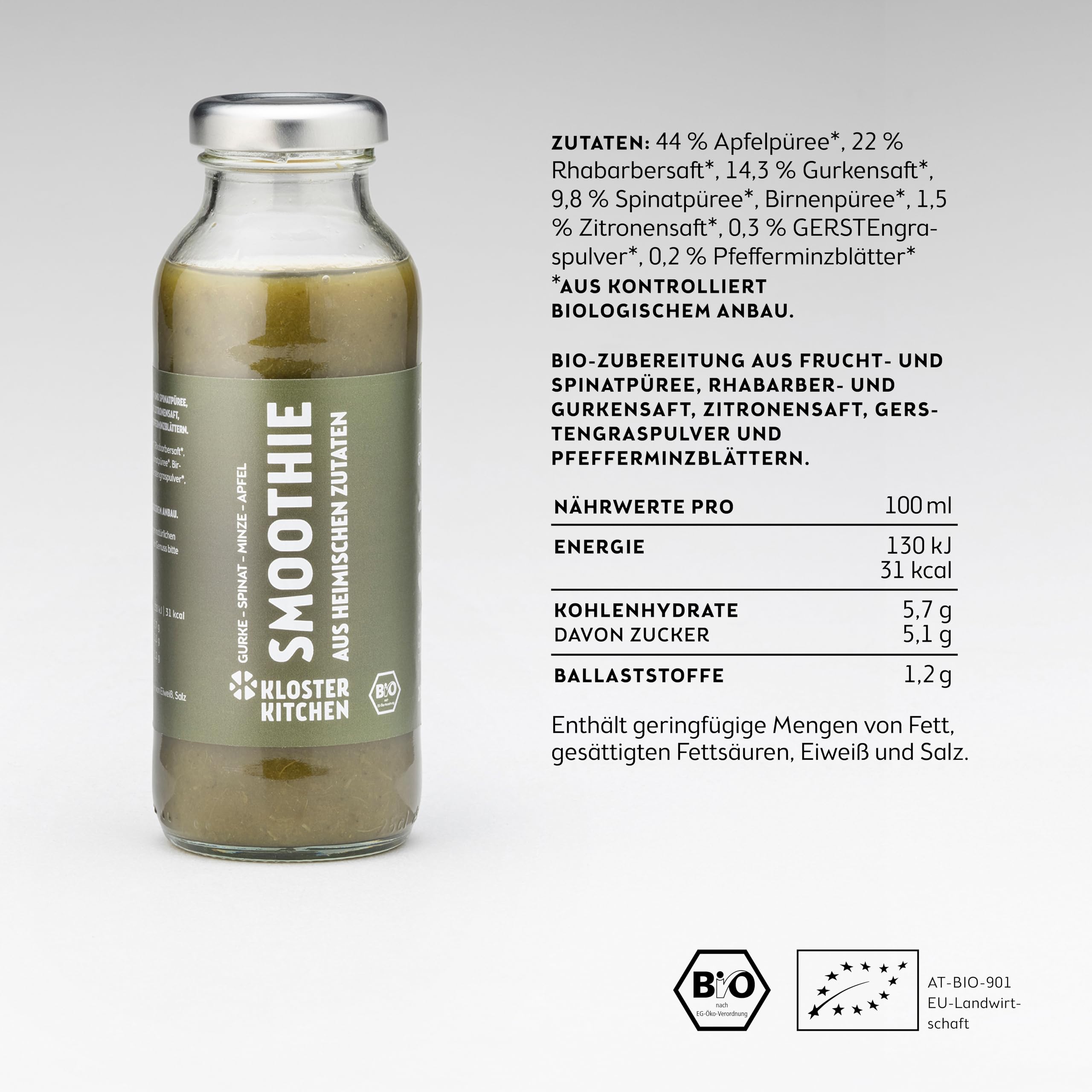 Kloster Kitchen Bio Smoothie Grün Gurke Spinat Minze Apfel 12x 250 ml I Superfood Frühstück vegan I To Go Glasflasche I Powerfood aus heimischen Zutaten