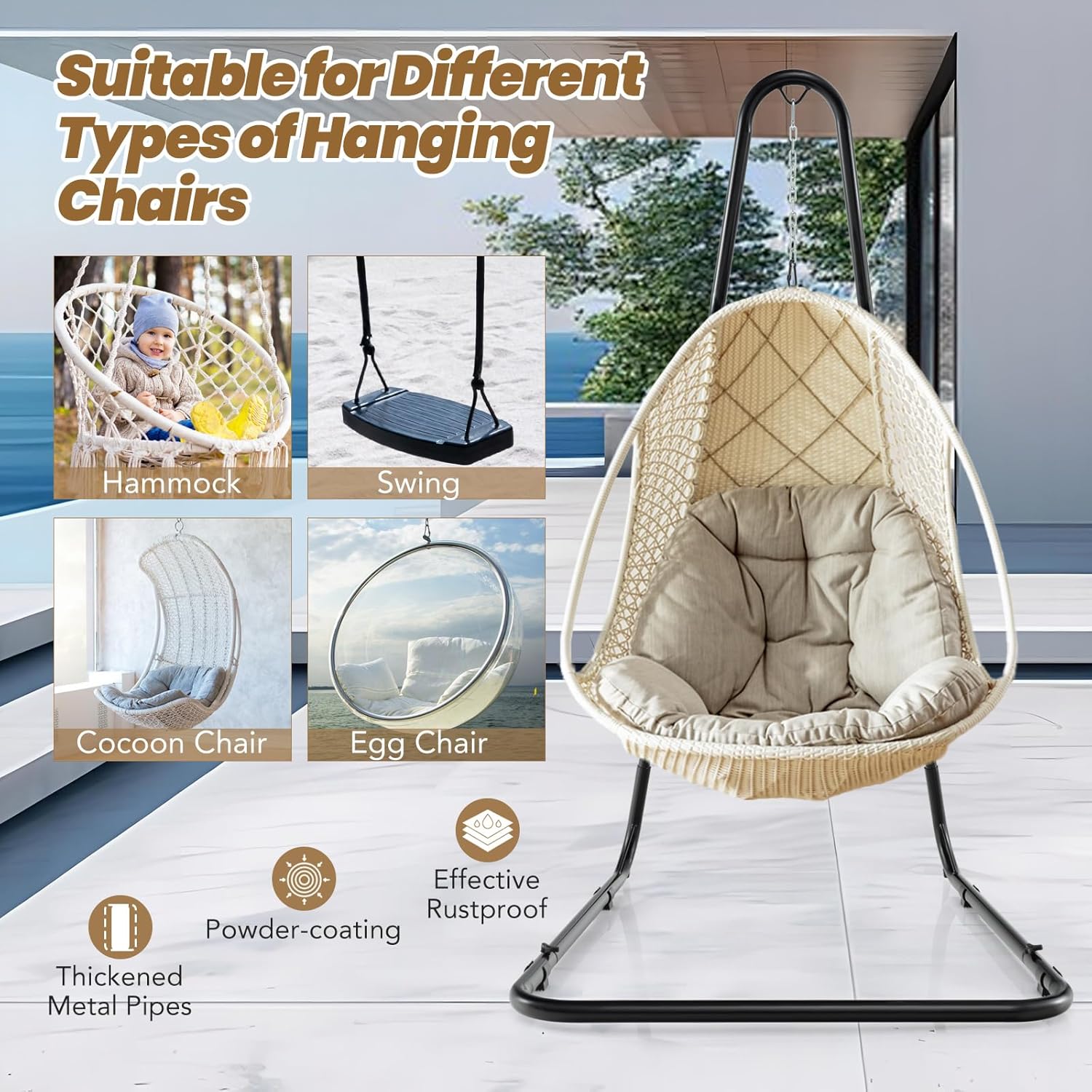 HAPPYGRILL Hammock Swing Stand Hanging Stand for Chair, 77”-93” Height Adjustable Hammock Stand with Heavy-Duty Metal Frame, Metal Hook & Chain, Max Load 330lbs