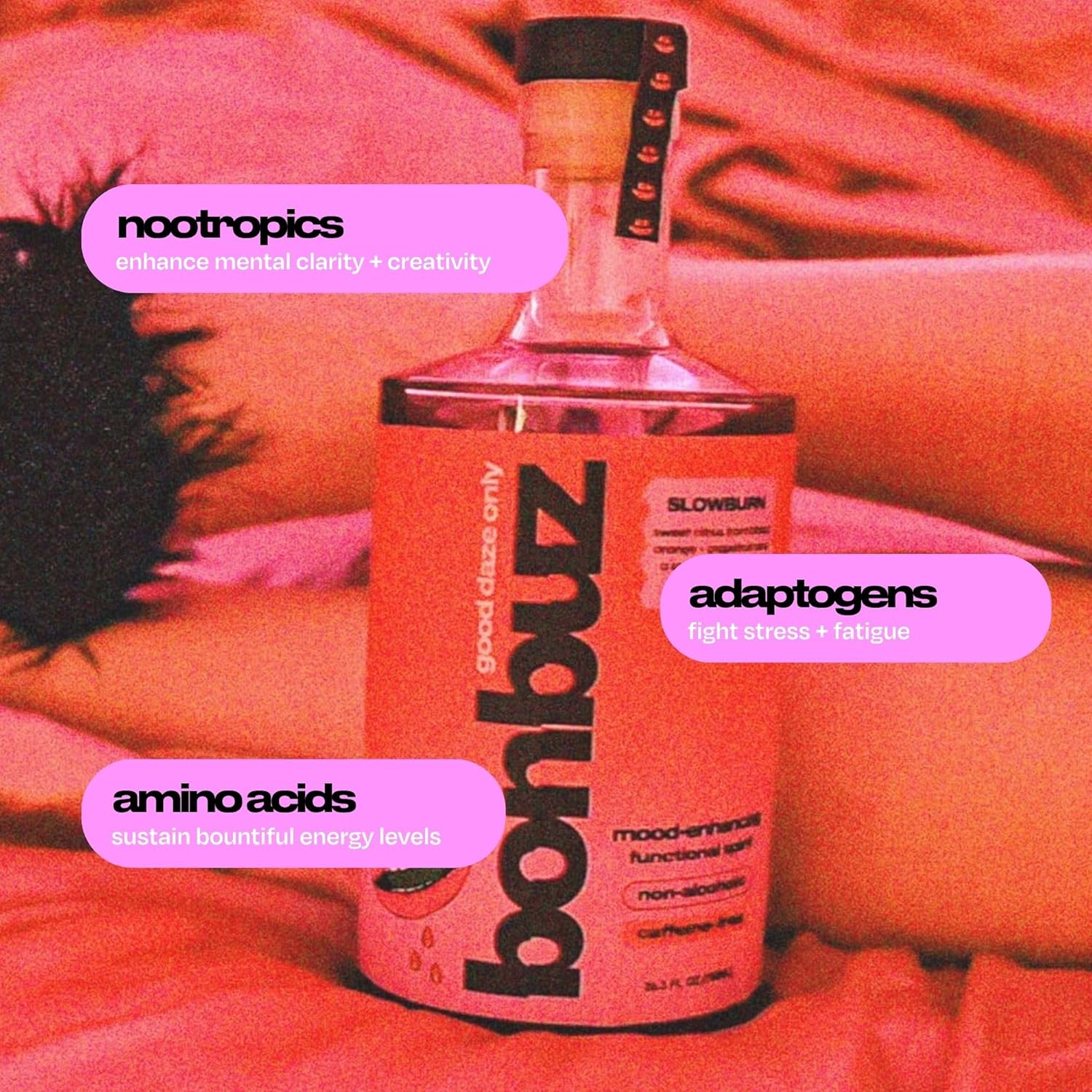 Bonbuz Slowburn Caffeine-Free - Functional Non-Alcoholic Spirit with Nootropics & Adaptogens - Spicy Sugar-Free Mocktail Mixer & Alcohol Replacement Drink - Low-Calorie, Keto, Gluten-Free - 750ml