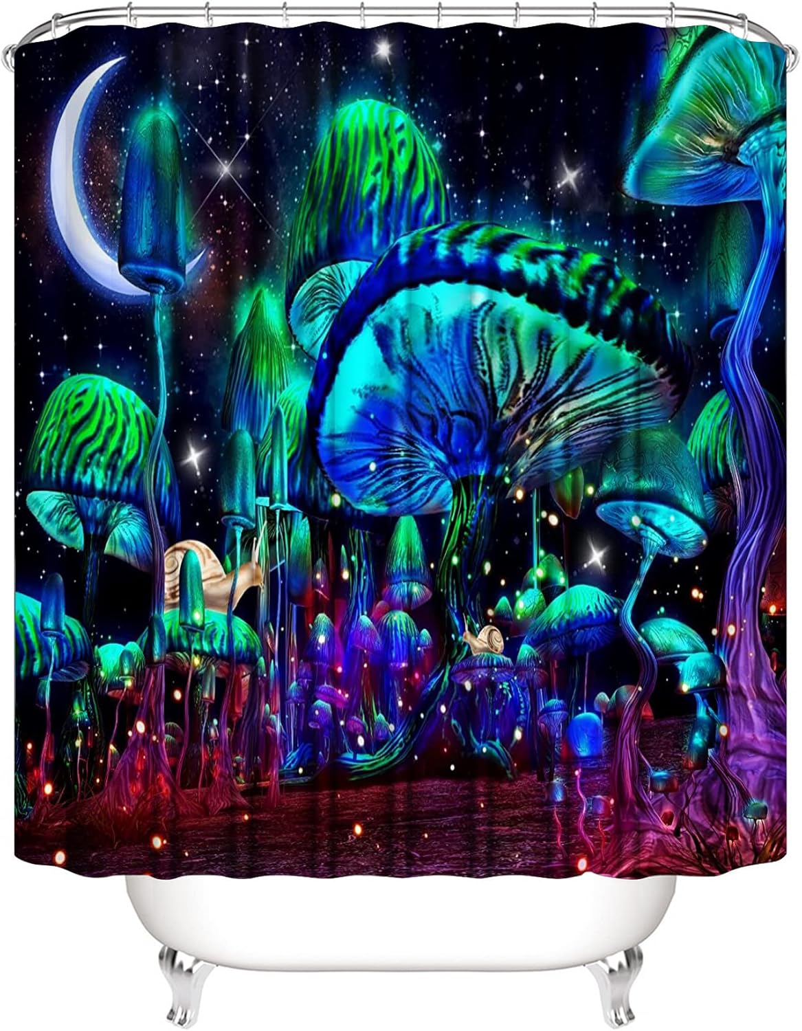 jieprom 4PCS Mushroom Bathroom Shower Curtain Set with Rugs, Toilet Lid Cover and Bath Mat, Moon and Stars with 12 Hooks, Durable Bathroom Decor Set