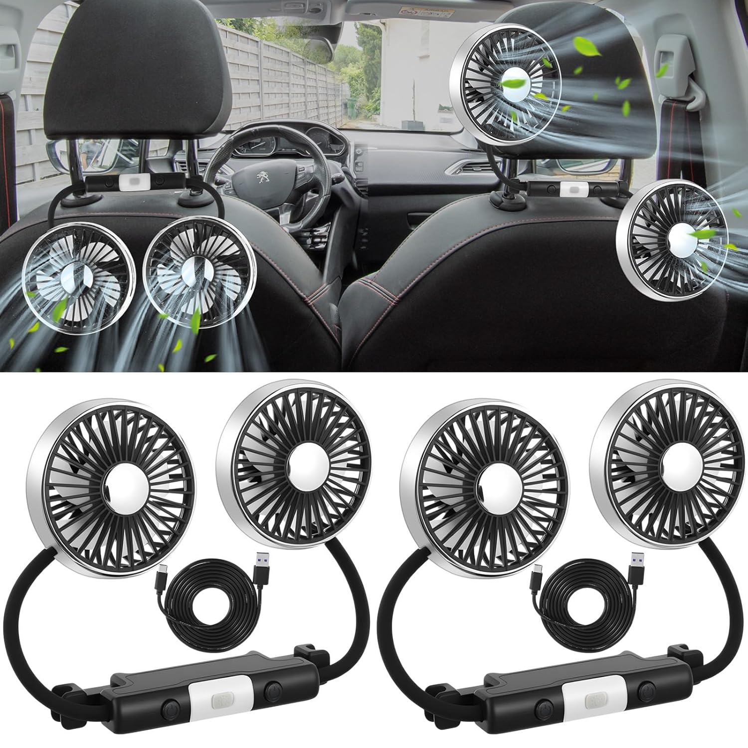 2 Pcs Car Fan for Backseat Dual Backseat Cooling 360 Degree Rotatable Seat Fans with LED Light USB Car Rear Seat Fan for SUV Rv Sedan Cruise Van Boat