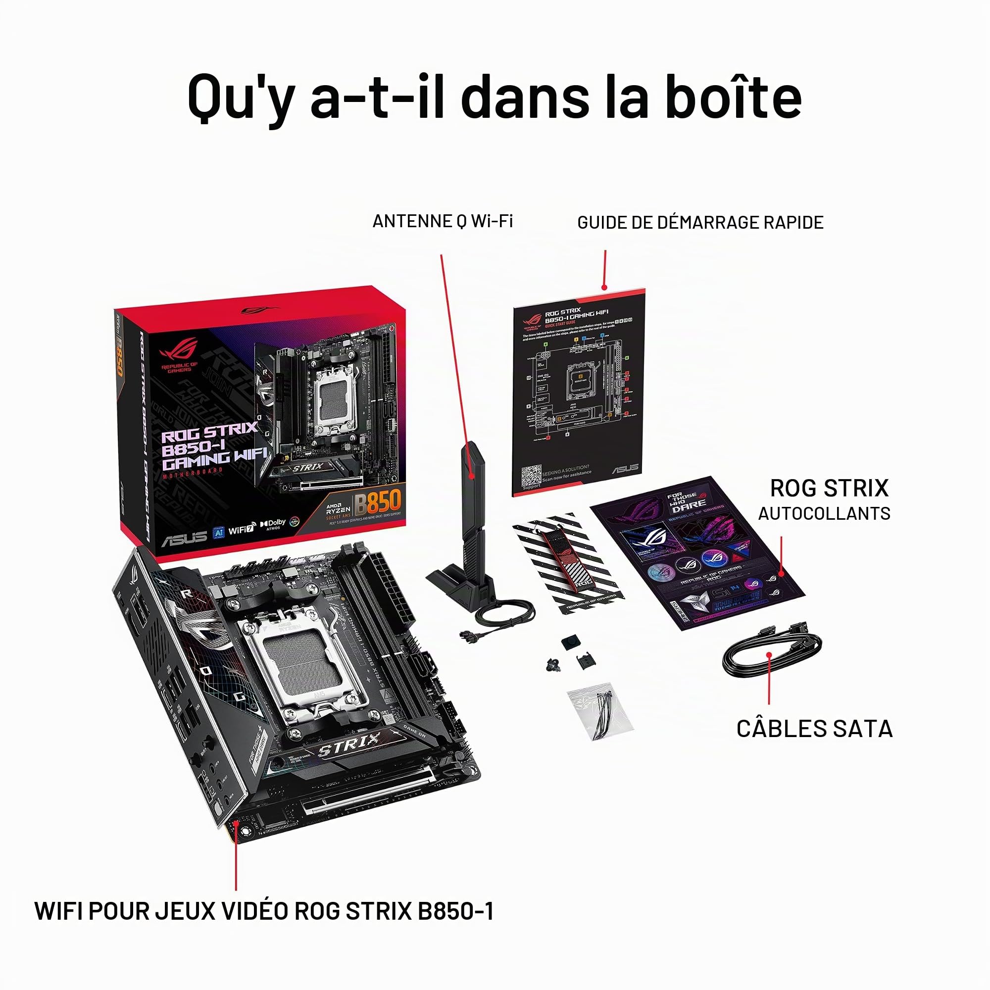 ASUS ROG Strix B850-I WiFi pour jeu AMD AM5 B850 Mini-ITX mITX Carte mère 10+2+1 étapes, DDR5, 2.5G LAN, WiFi 7, 2X M.2, PCIe 5.0 x16, USB 20 Gbit/s Type-C, AI Overclocking, AI Networking II, Aura
