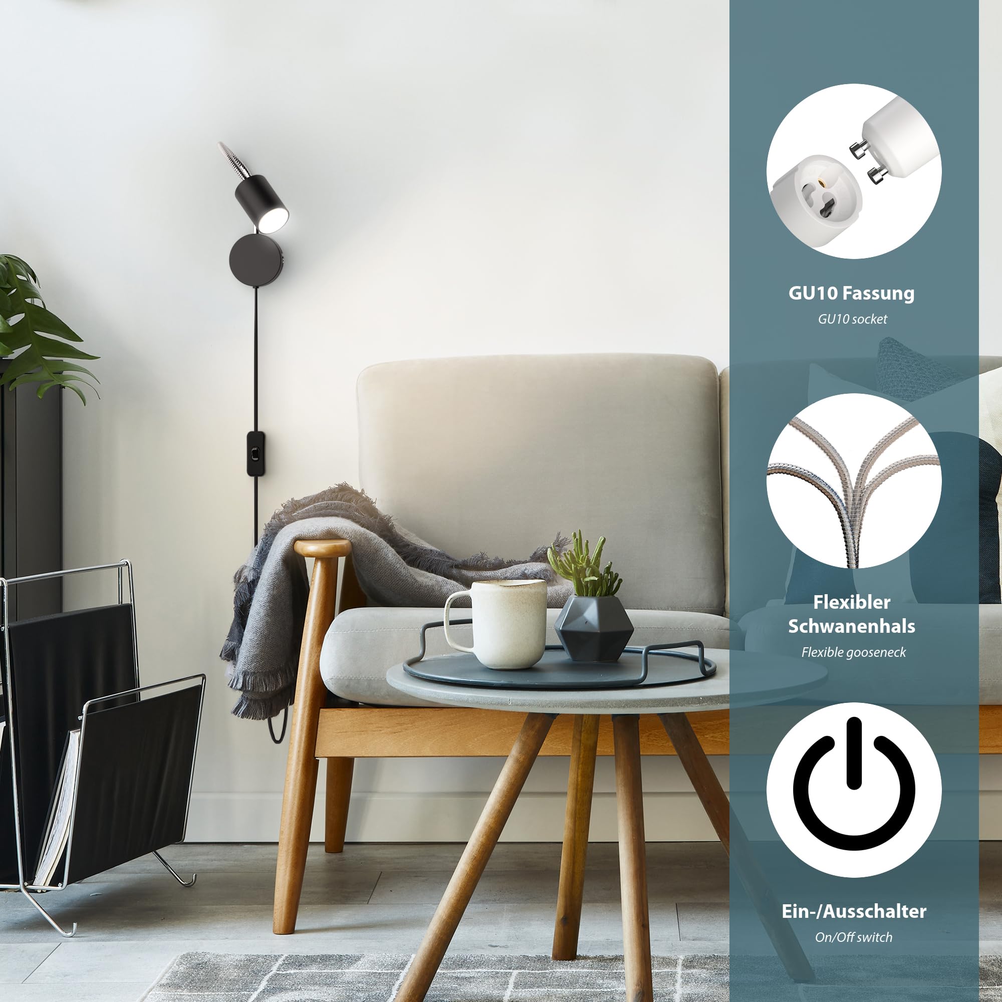 ledscom.de 2x Leselampe/Wandleuchte WAIKA, Schwanenhals, Schalter, Stecker, schwarz matt, 1x GU10 max. 15W