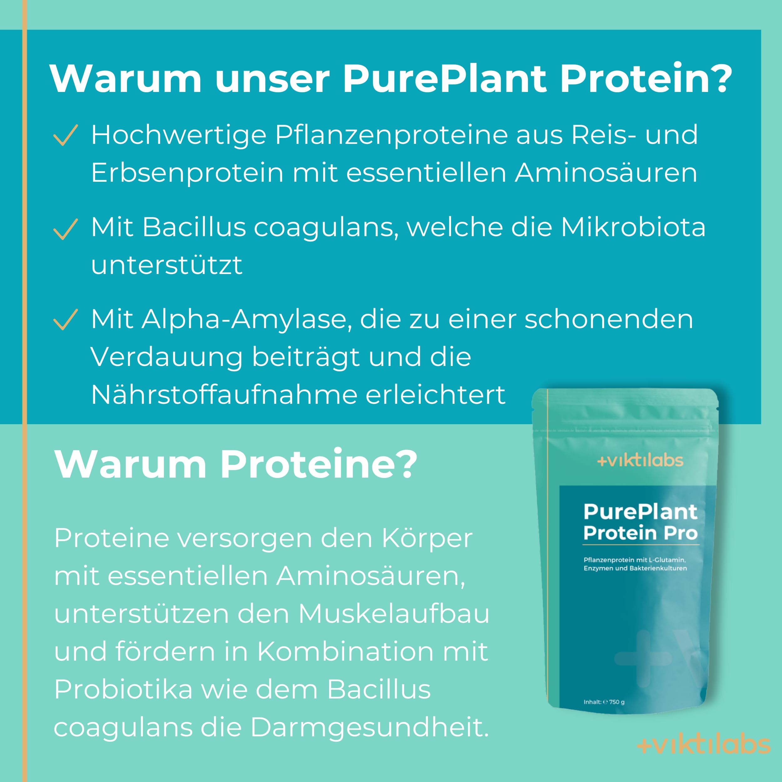 PurePlant Protein Pro - Vanille - vegan - pflanzliches Protein aus Reis & Erbsen - mit Enzymen, Probiotika & Ballaststoffen - 25 g pro Tag - 750 g