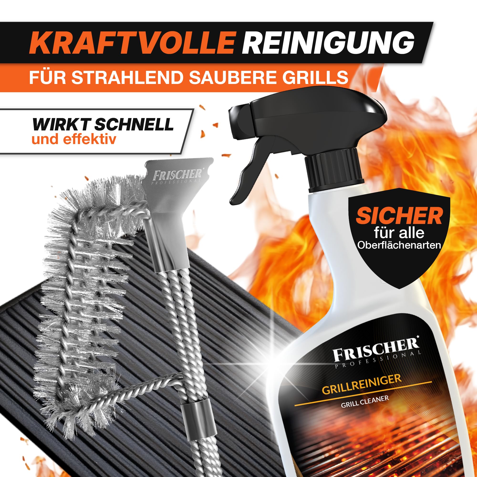 Grillreiniger Set 4-teilig: Grillrost-Reiniger 500 ml + Grillbürste + Mikrofasertuch & Schwamm - Zur effizienten Reinigung & Pflege von Grill, Grillrost