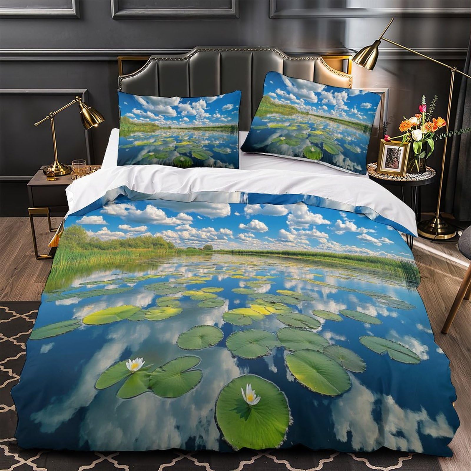 Housse de Couette Nénuphars 3D Super King 260x220cm en Microfibre avec 2 Taies d'Oreiller