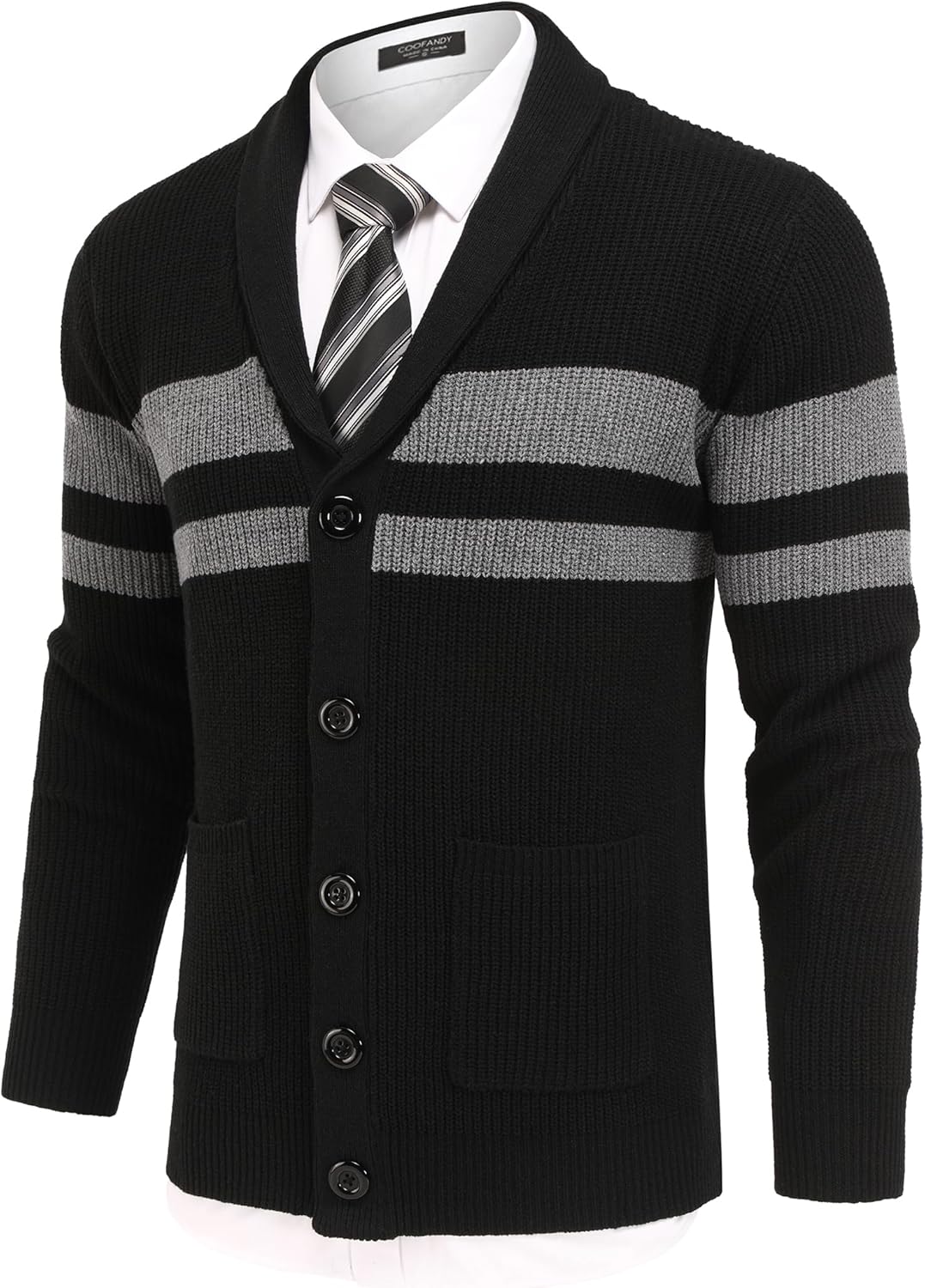 COOFANDY Men's Shawl Collar Cardigan Sweater Slim Fit Cable Knit Button up Sweater with Pockets