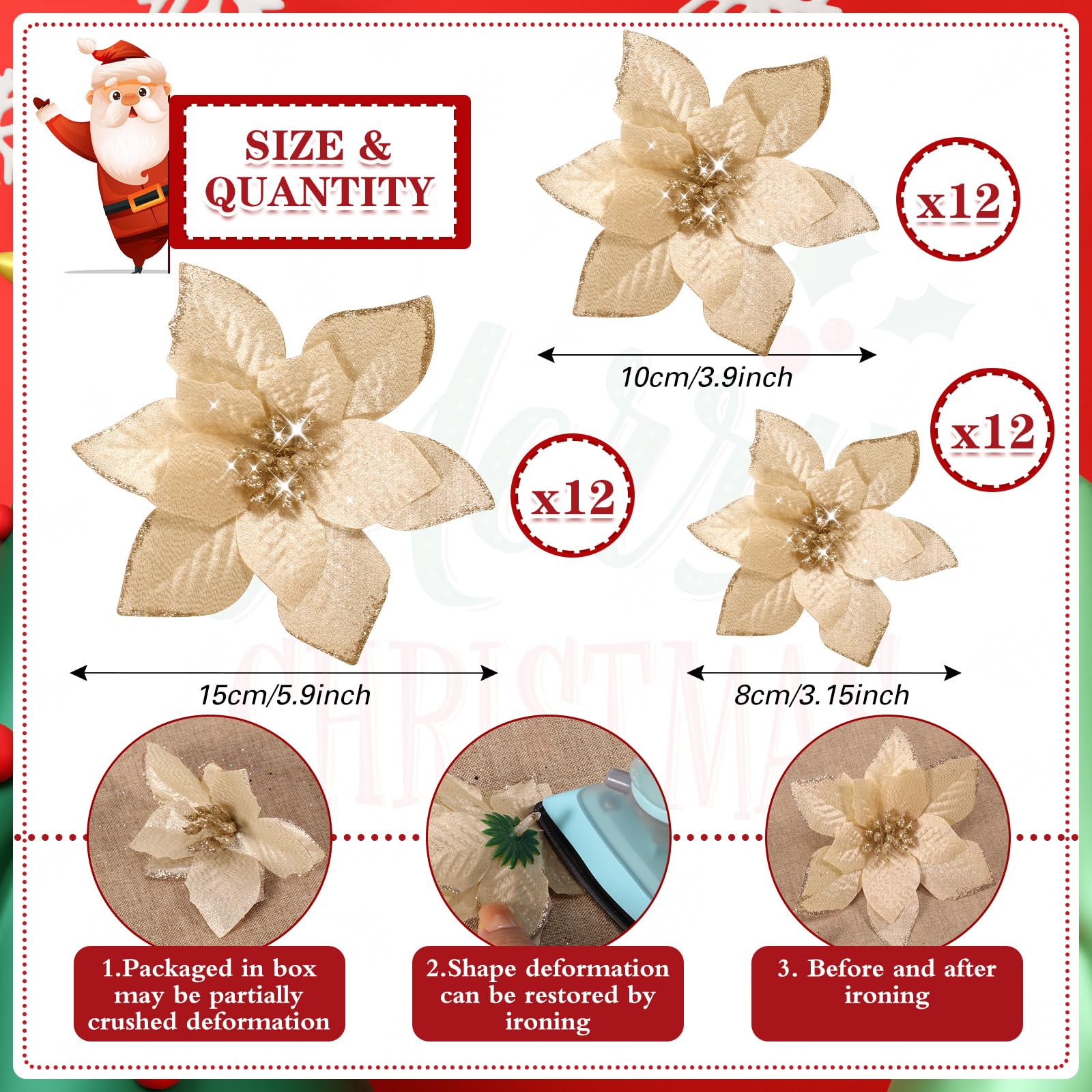 36 Pcs 3 Size Christmas Poinsettia Christmas Tree Flowers Glitter Faux Flowers Decoration Artificial Poinsettia Ornaments For Christmas New Year Home Outdoor Decoration (Champagne,3/ 4/ 6 Inch) - Image 2