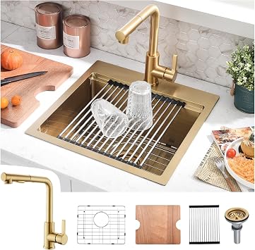 15 Inch Drop in Bar Sink with Faucet - Gold Single Bowl