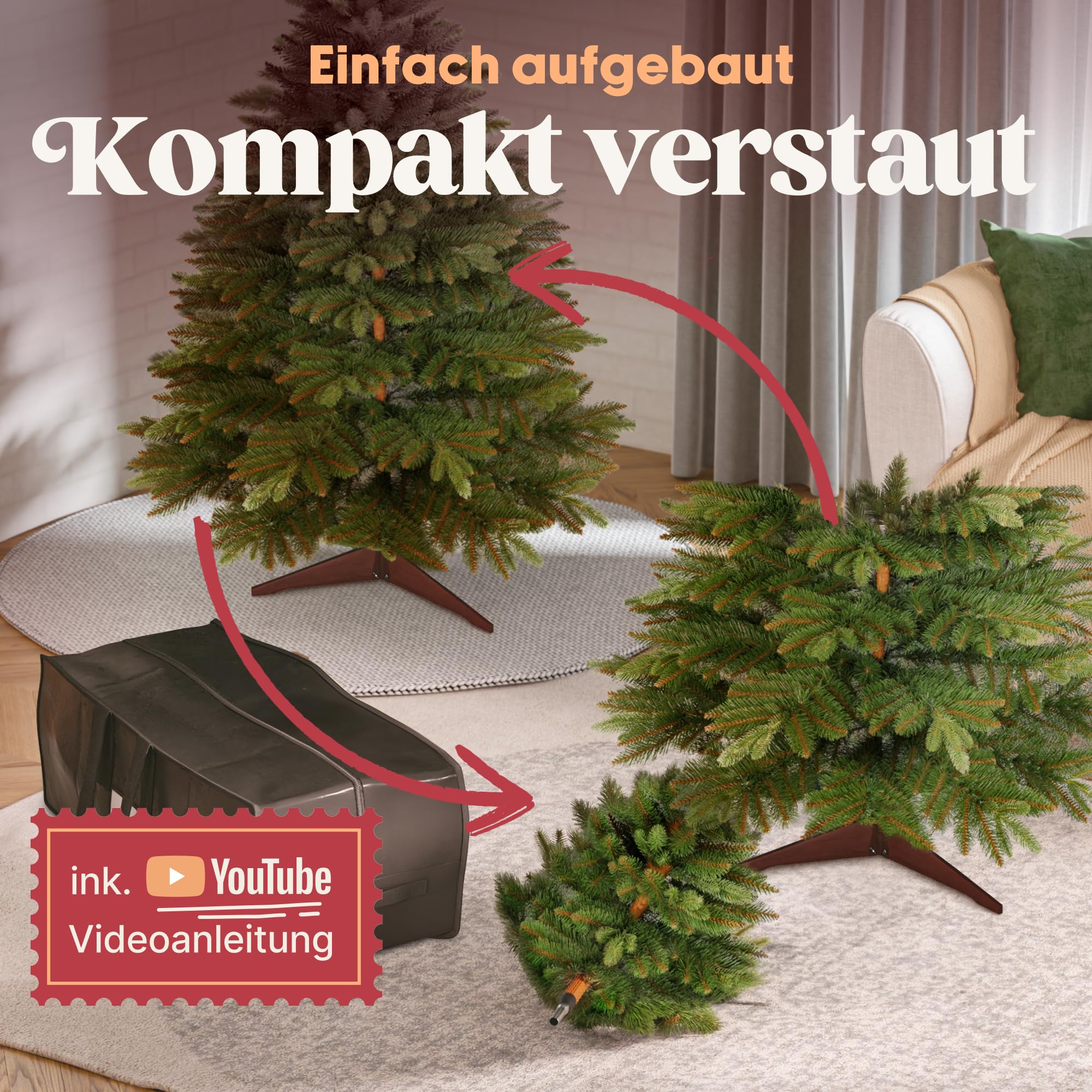 Premium künstlicher Weihnachtsbaum klein 120cm - TESTSIEGER 10 Jahre GARANTIE - Naturgetreuer Weihnachtsbaum künstlich mit Holzständer und Tasche - Christmas Tree Tannenbaum künstlich von Pure Living