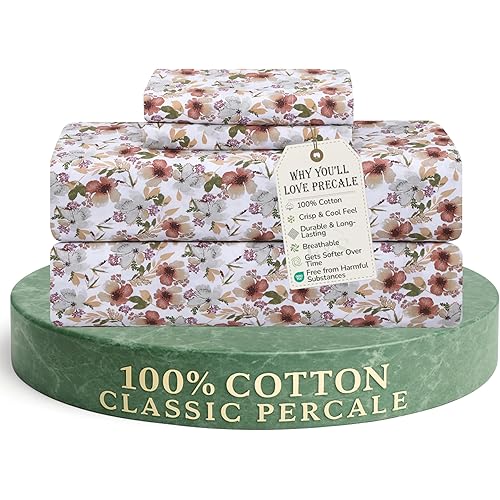 Feather & Stitch Softest 100% Cotton Sheets, 300 Thread Count Percale Weave Bedding, 16" Deep Pocket, Cooling Sheets, Breathable Bed Set, Hotel Premium Quality (Full, Florence)