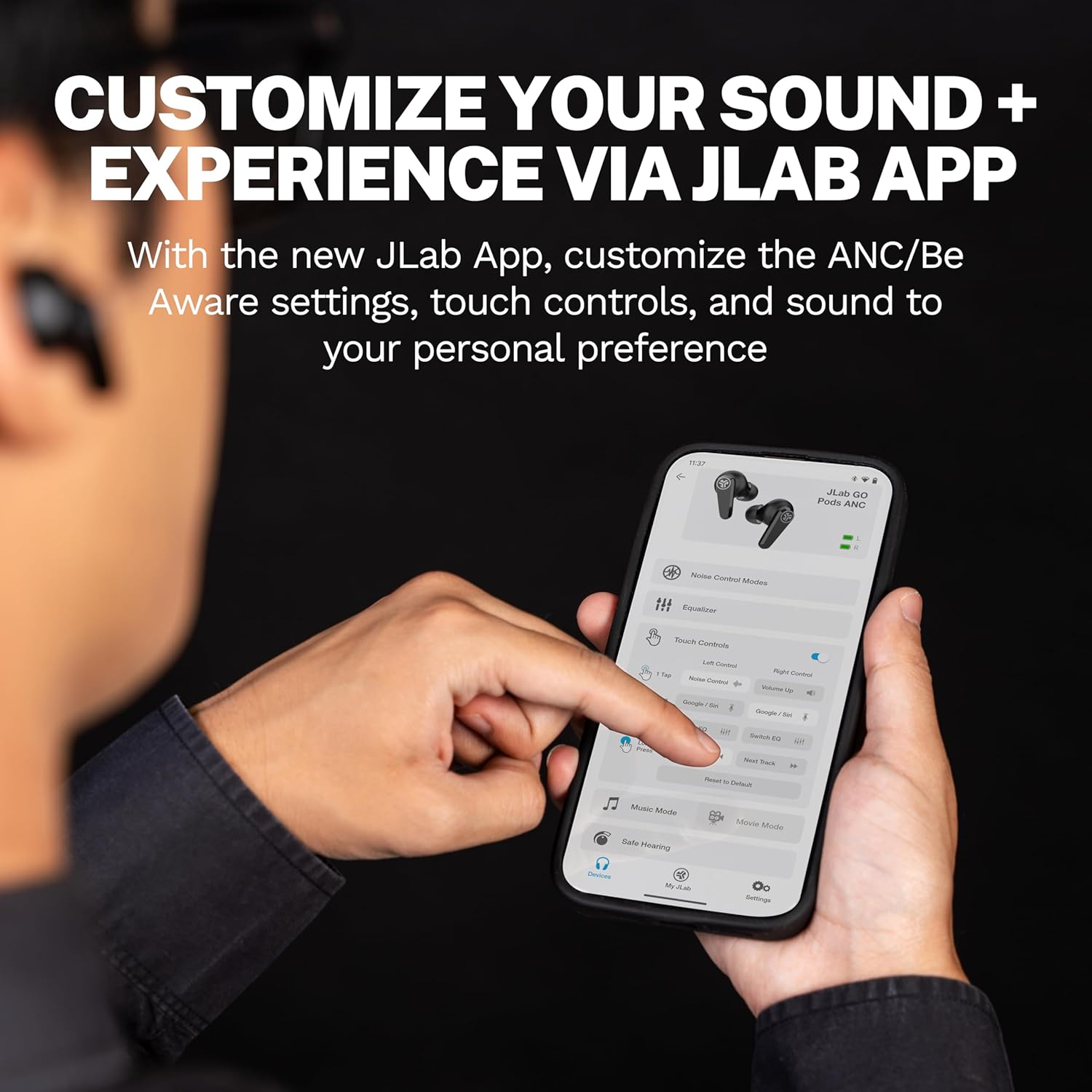 JLab Go Pods ANC True Wireless Bluetooth Earbuds & Charging Case, Hybrid Active Noise canceling + Be Aware for Safe Listening, 26+ Hours Total Playtime, Clear Calls, Custom Sound via App, Black - Image 5