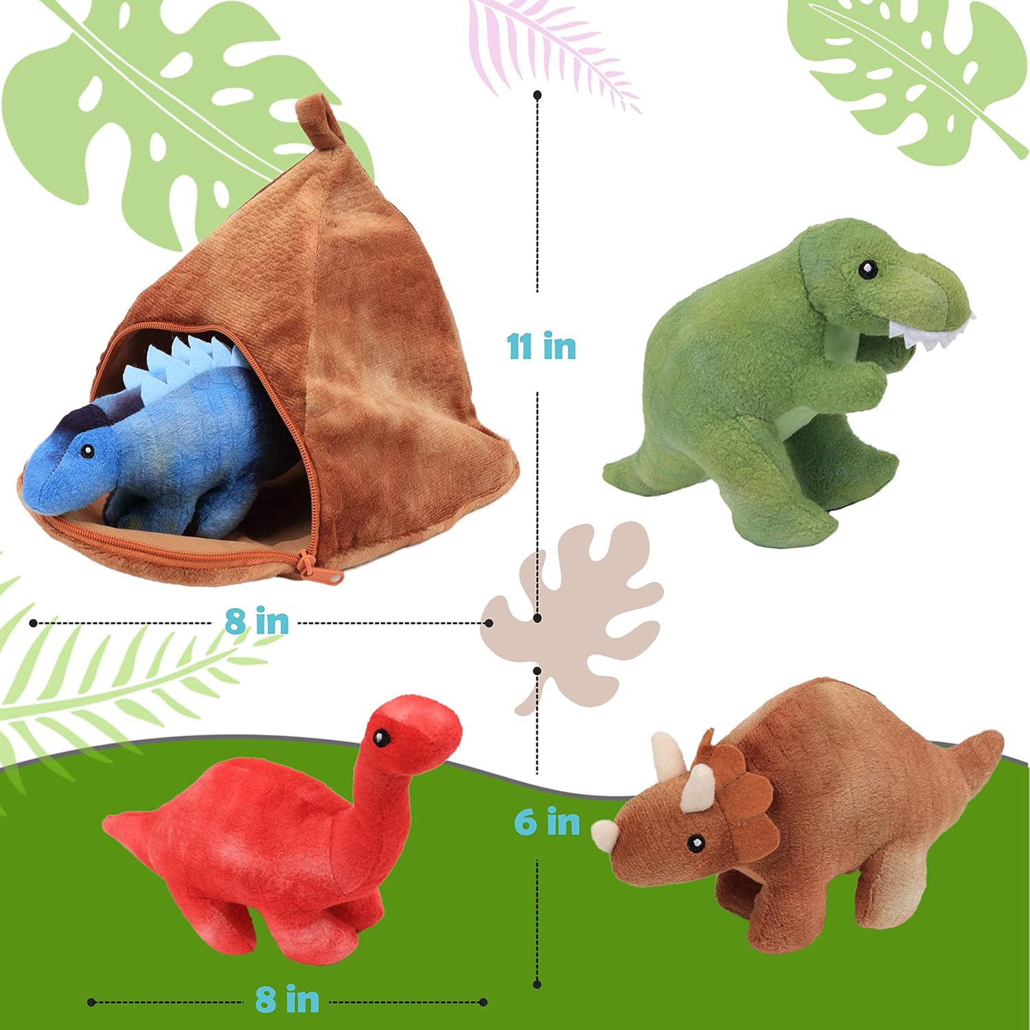 Hopearl Dinosaur Plush Volcano House with 4 Baby Dino Stuffed Animals Storage Bag Playset Toy Plush Toy Set Gifts for Kids, Boys & Girls Ages 3+, 11''