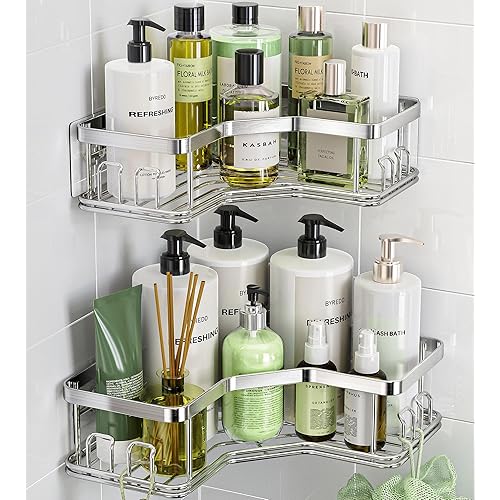 MAXIFFE Shower Caddy, 2 Pack Rustproof Stainless Steel Bathroom Shelves, Shower Organizer with 8 Hooks, Adhesive Bathroom Storage, Wall Mounted Shower Shelf for Inside Shower, Silver