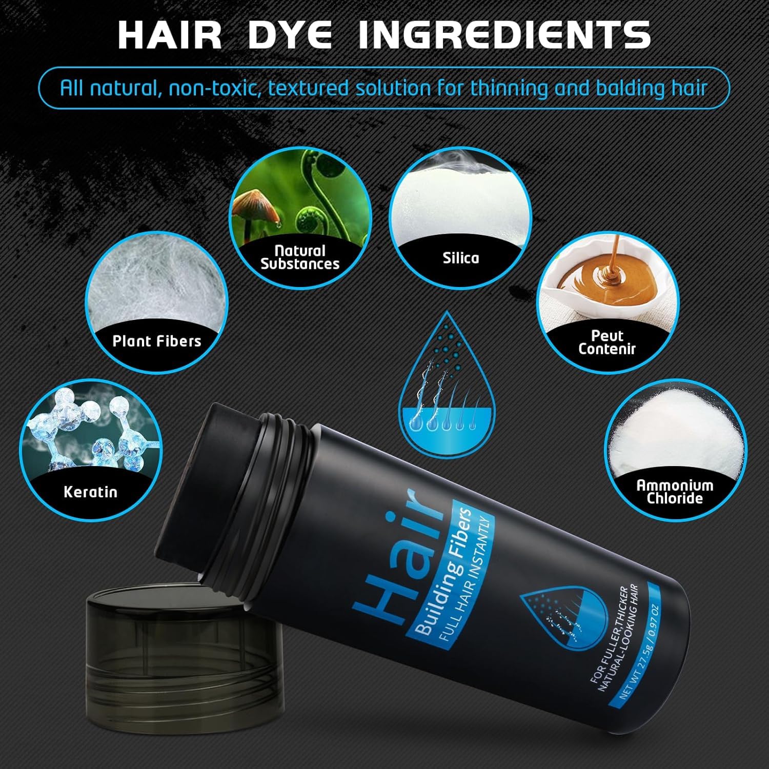 Fibre Capillaire Noir, Fibres Capillaires avec Applicateur en Spray - Densificateur de cheveux Hair Loss Concealer Professionnelle Poudre Spray pour Augmente le Volume (Noir)