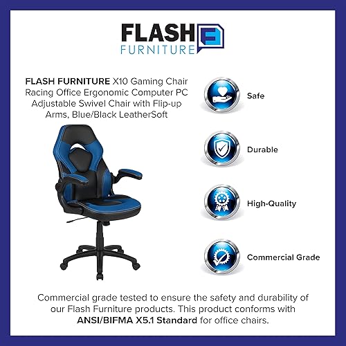 Miniatura 13 de Flash Furniture X10 High-Back LeatherSoft Racing Style Gaming Chair with Flip-Up Arms, Ergonomic Padded Swivel Computer Chair, Blue/Black