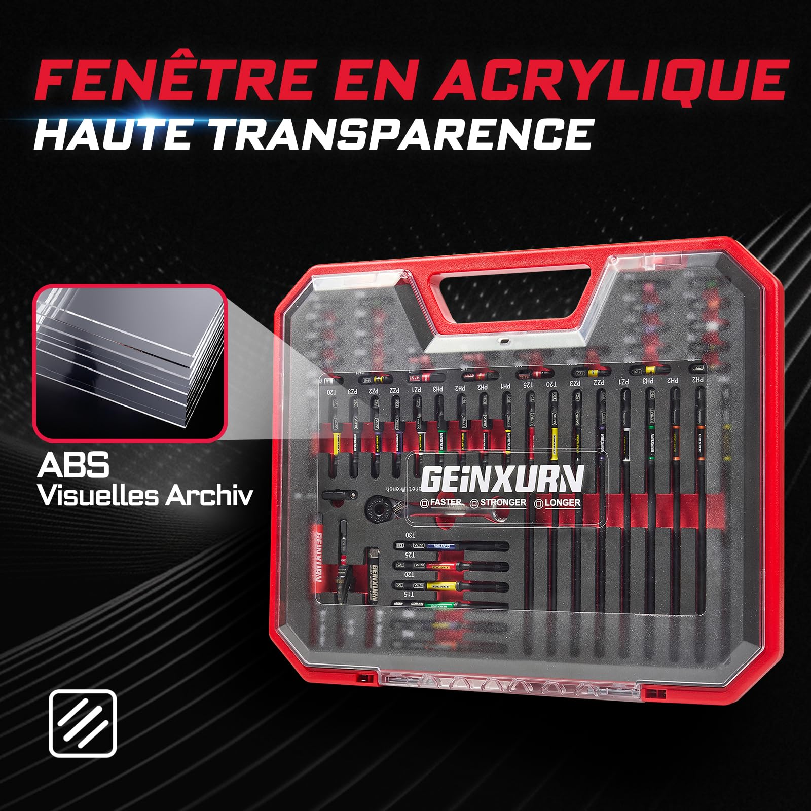 Geinxurn Lot 58 Pièces Set Embouts Tournevis Anti-Choc, Incl. Jeu Embouts Acier S2 (PH/PZ/TORX/HEX), Mini Cliquet, Perceuse Étages, Adaptateur Douille, Porte-Embouts Magnétique, Boîte Rouge